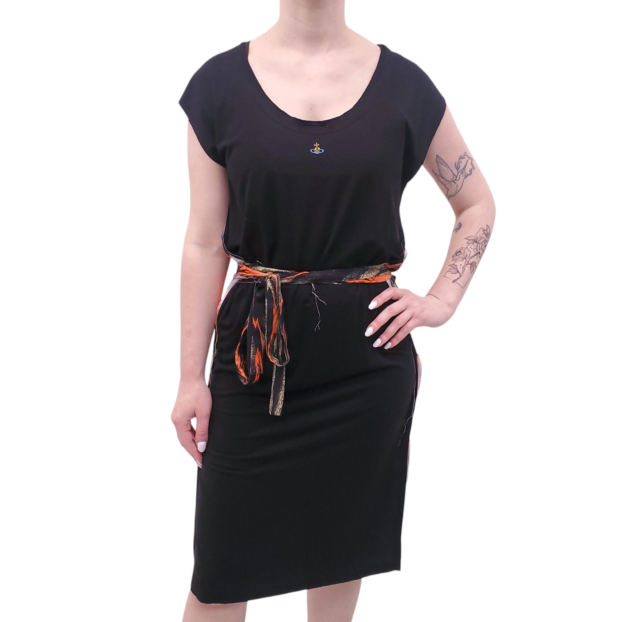 VIVIENNE WESTWOOD BLACK AND ORANGE PATTERNED DRESS WITH TIE DETAIL - SIZE M