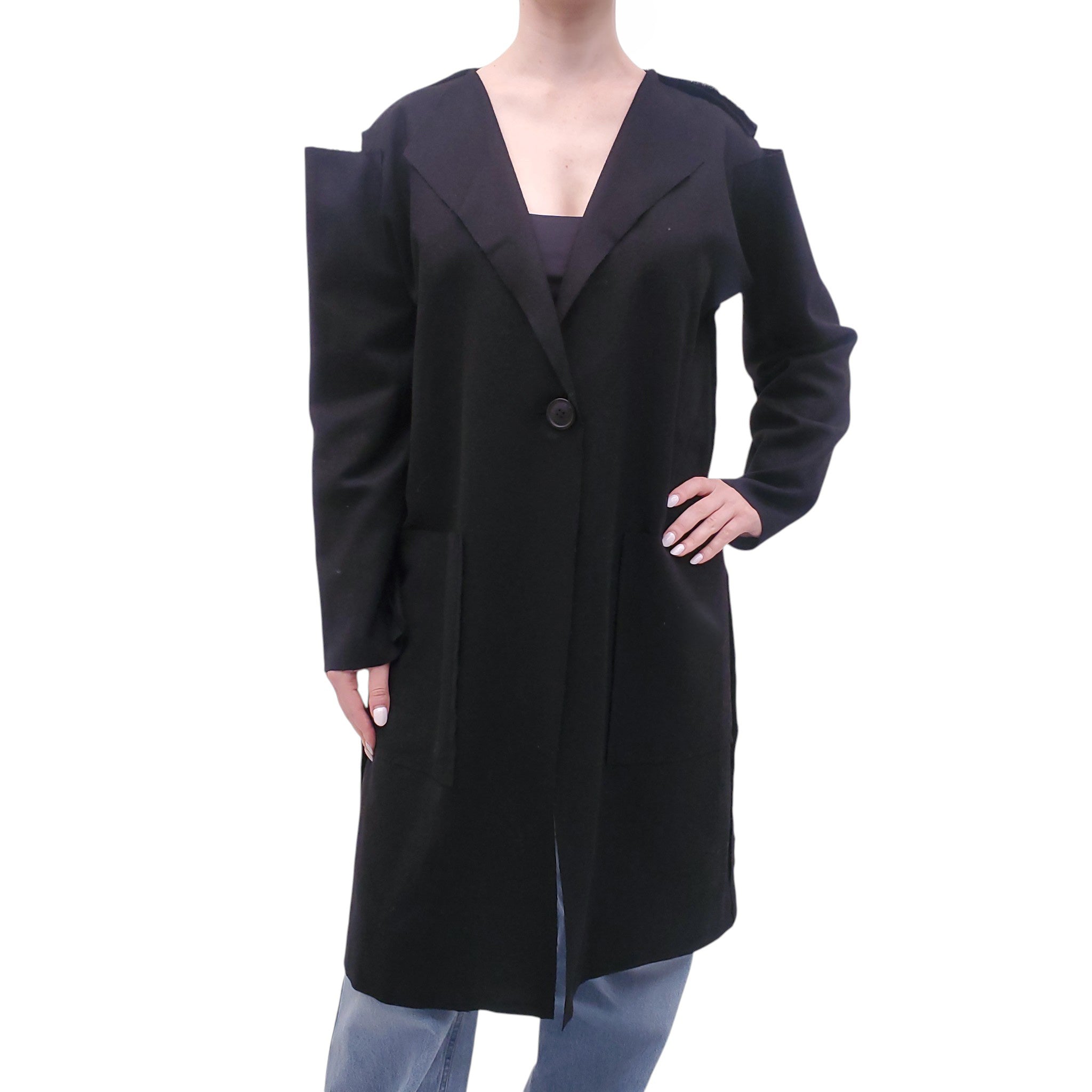 VIVIENNE WESTWOOD BLACK COAT WITH RIPPED SHOULDER DETAIL - SIZE 40
