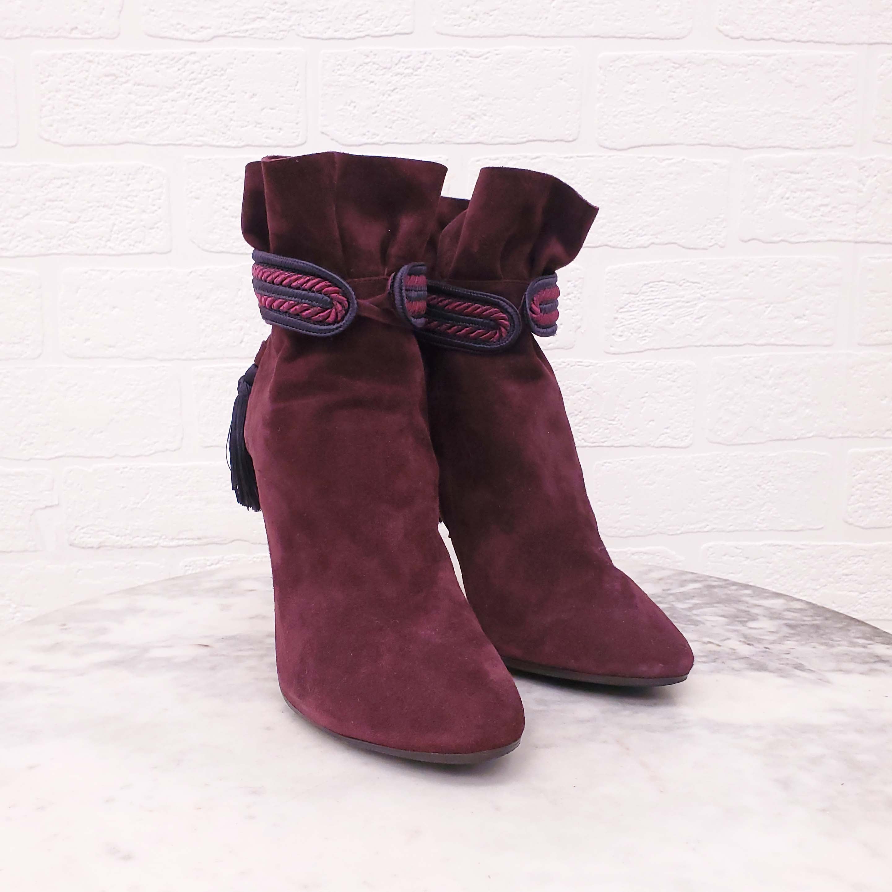 AQUAZZURA BURGUNDY SUEDE BOOTIES - SIZE 36.5