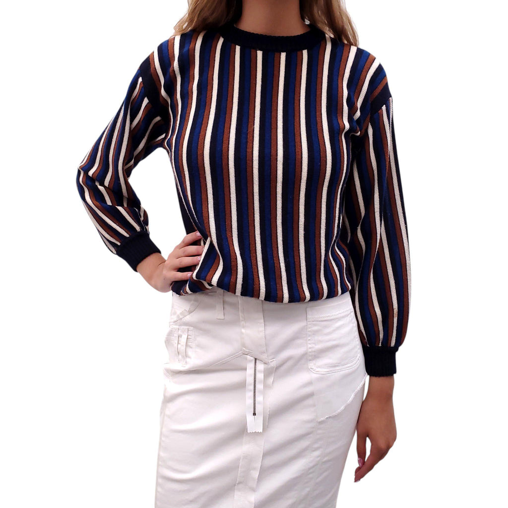 YVES SAINT LAURENT RIVE GAUCHE NAVY AND BROWN STRIPED SWEATER - SIZE S