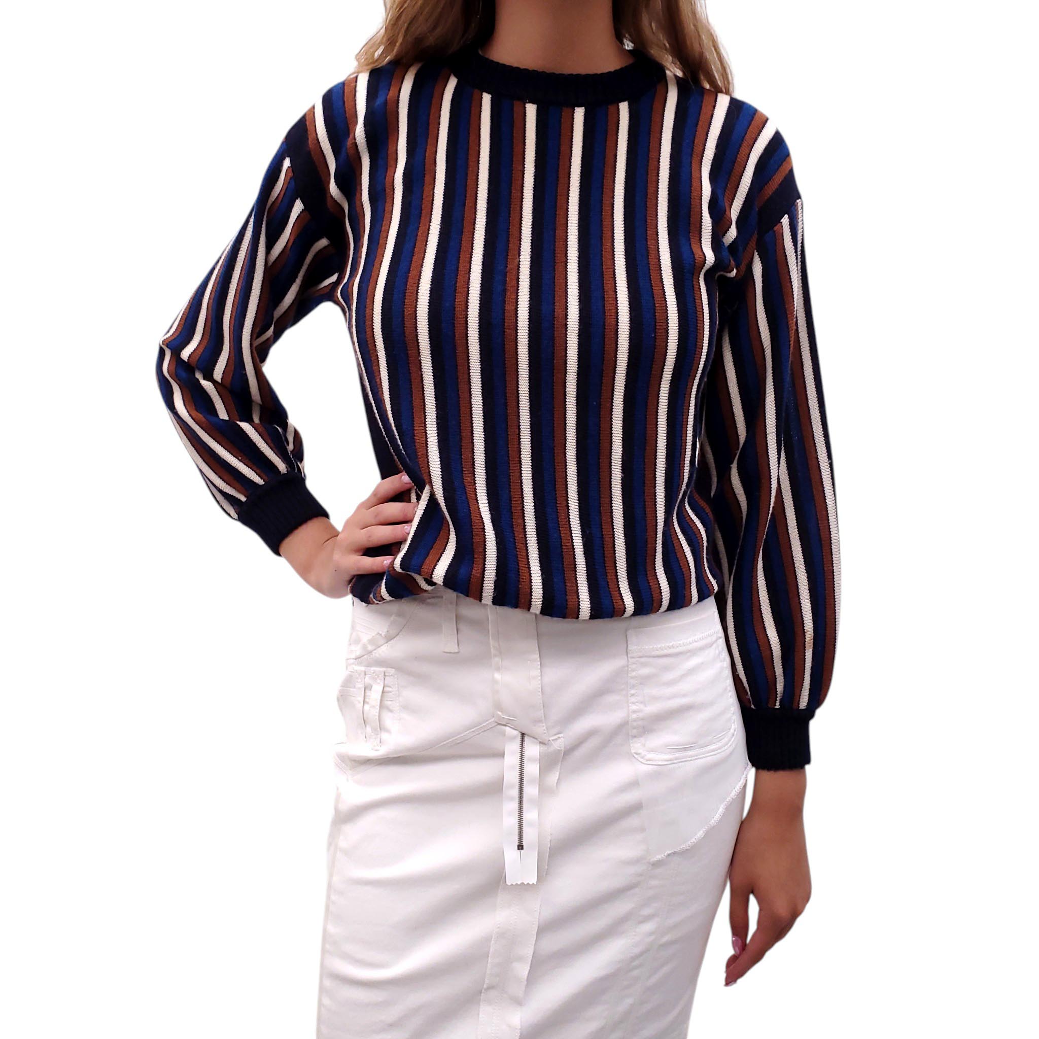 YVES SAINT LAURENT RIVE GAUCHE NAVY AND BROWN STRIPED SWEATER - SIZE S
