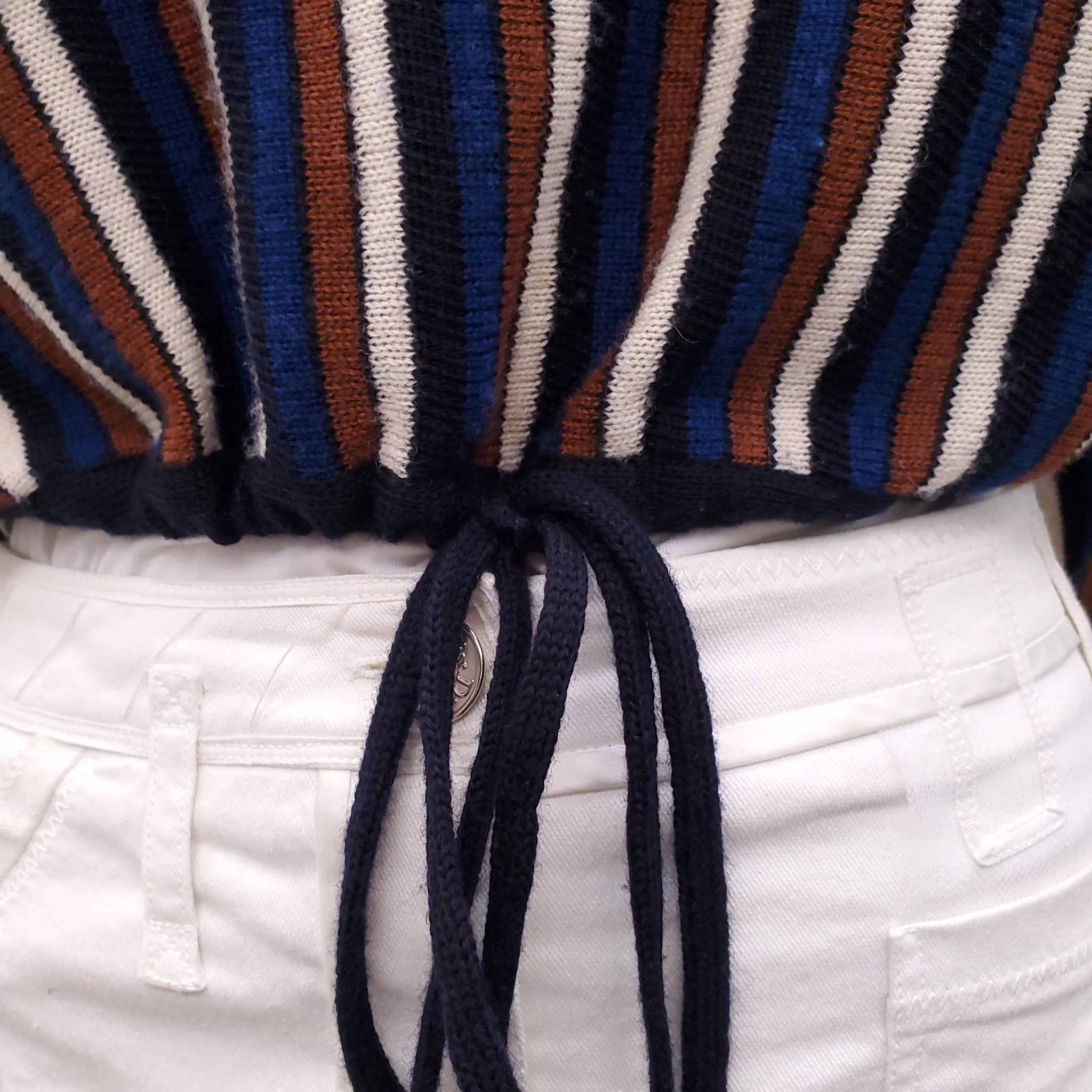 YVES SAINT LAURENT RIVE GAUCHE NAVY AND BROWN STRIPED SWEATER - SIZE S