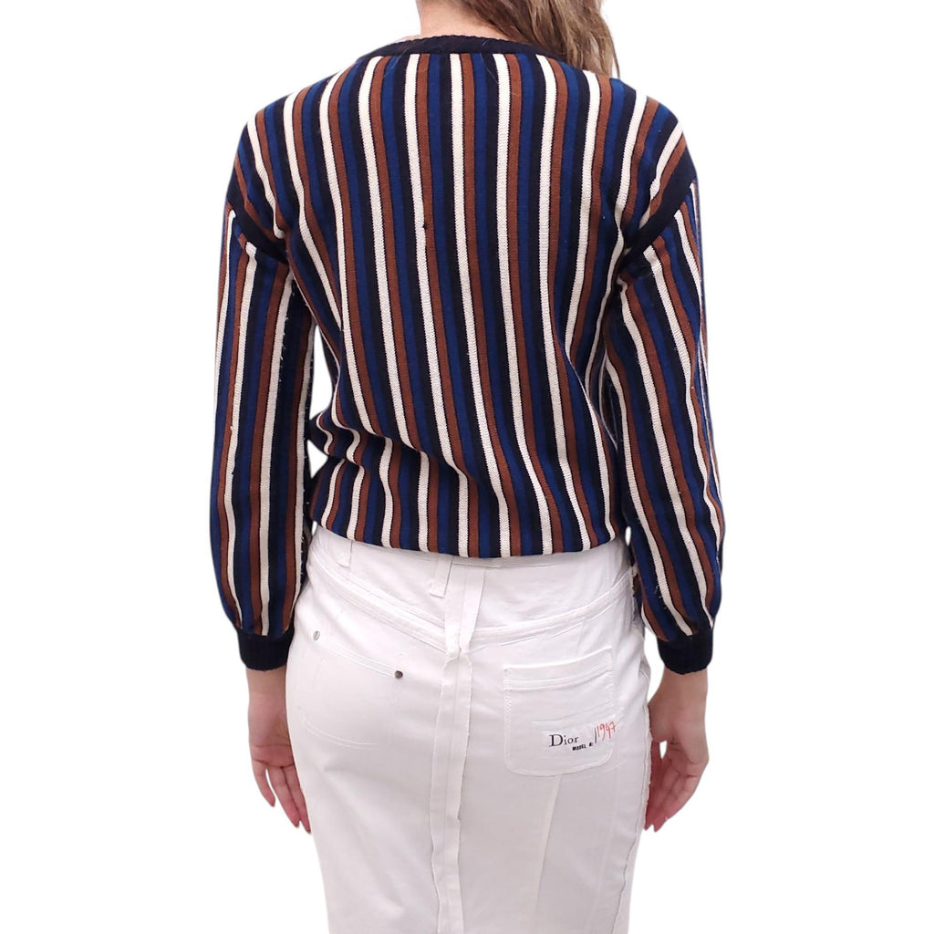 YVES SAINT LAURENT RIVE GAUCHE NAVY AND BROWN STRIPED SWEATER - SIZE S