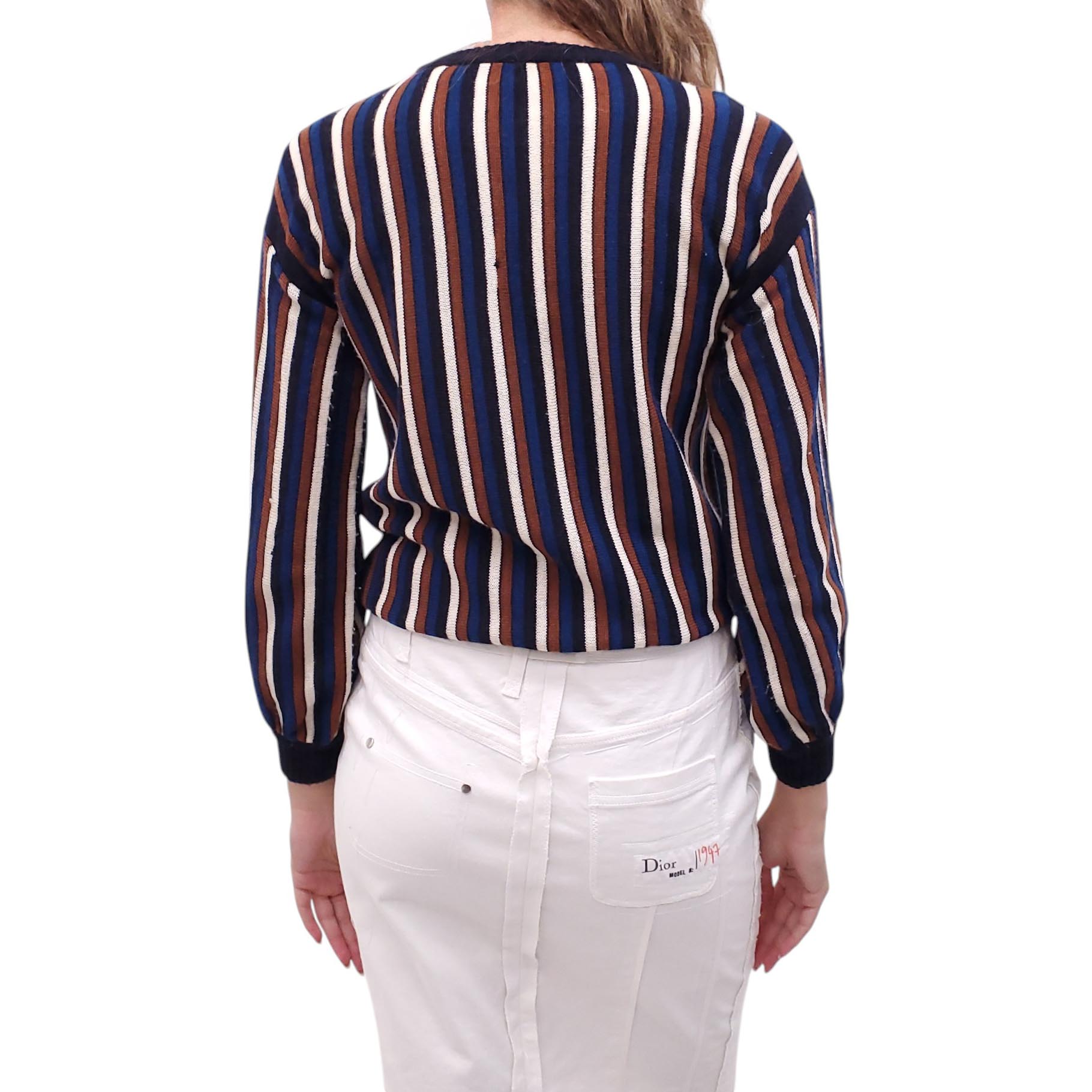 YVES SAINT LAURENT RIVE GAUCHE NAVY AND BROWN STRIPED SWEATER - SIZE S