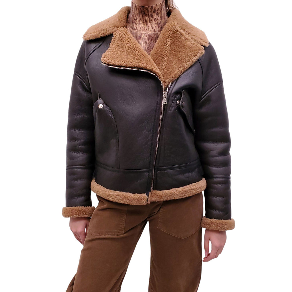 YVES SALOMON LEATHER AND SHEARLING BIKER JACKET - SIZE 36