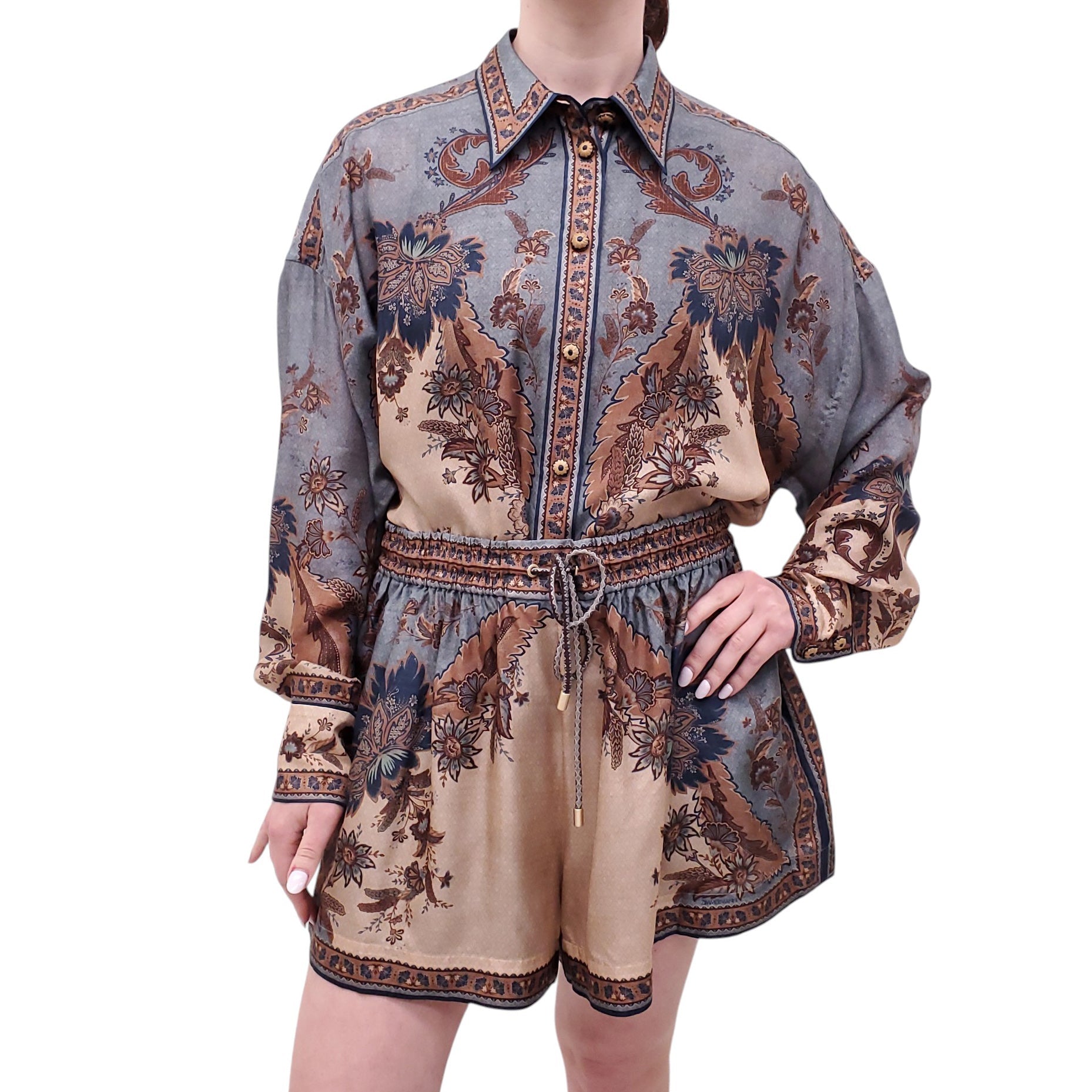ZIMMERMANN BLUE AND BROWN SILK FLORAL SHORTS SET - SIZE 4 (US 12)