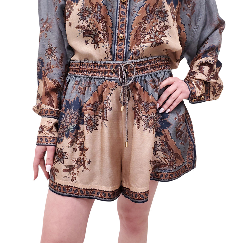 ZIMMERMANN BLUE AND BROWN SILK FLORAL SHORTS SET - SIZE 4 (US 12)