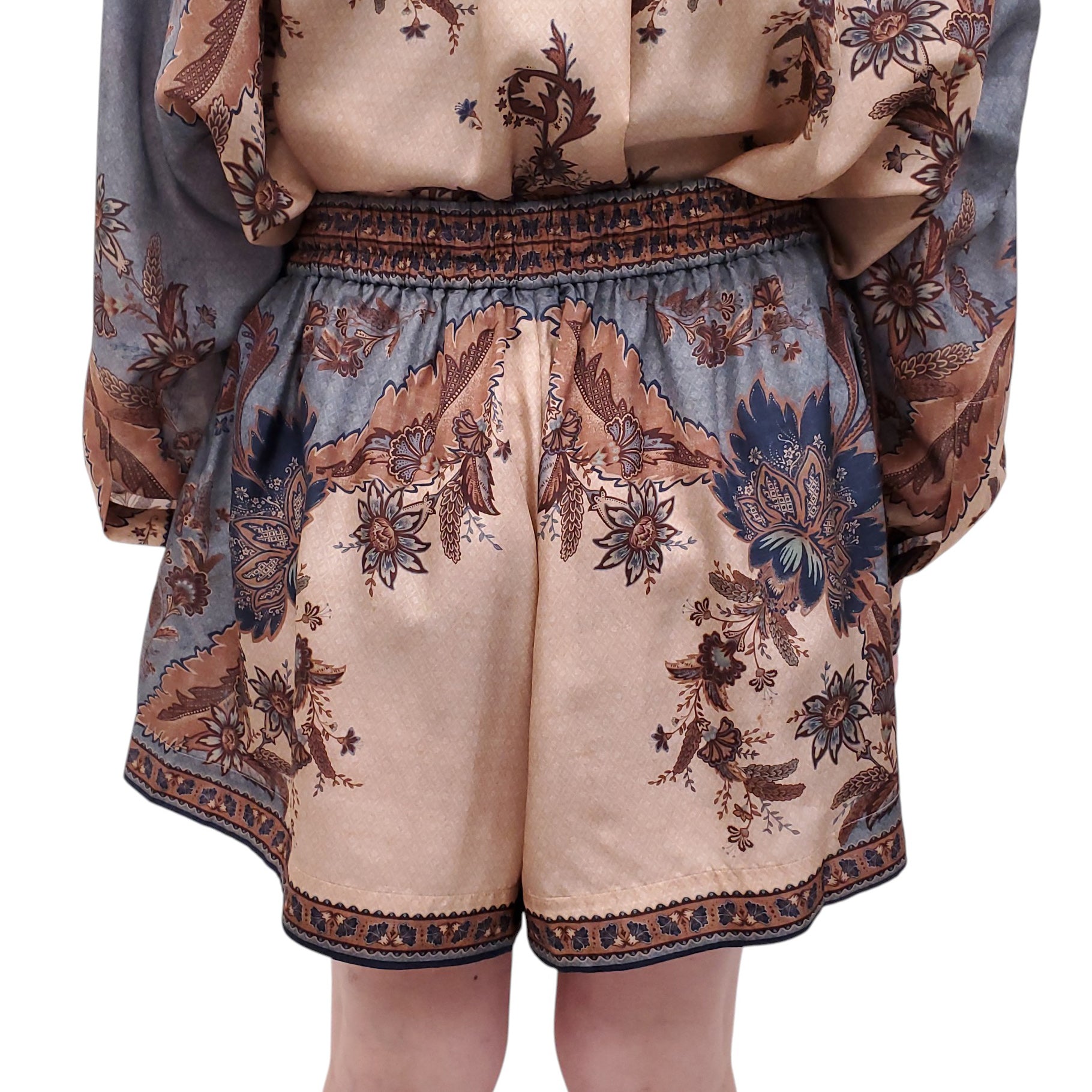 ZIMMERMANN BLUE AND BROWN SILK FLORAL SHORTS SET - SIZE 4 (US 12)