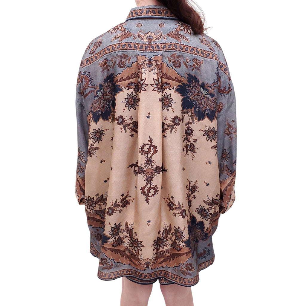 ZIMMERMANN BLUE AND BROWN SILK FLORAL SHORTS SET - SIZE 4 (US 12)
