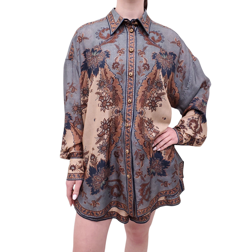 ZIMMERMANN BLUE AND BROWN SILK FLORAL SHORTS SET - SIZE 4 (US 12)