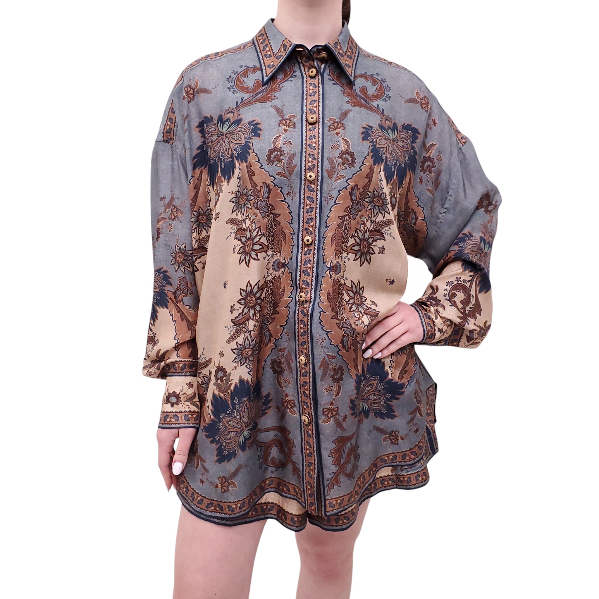 ZIMMERMANN BLUE AND BROWN SILK FLORAL SHORTS SET - SIZE 4 (US 12)