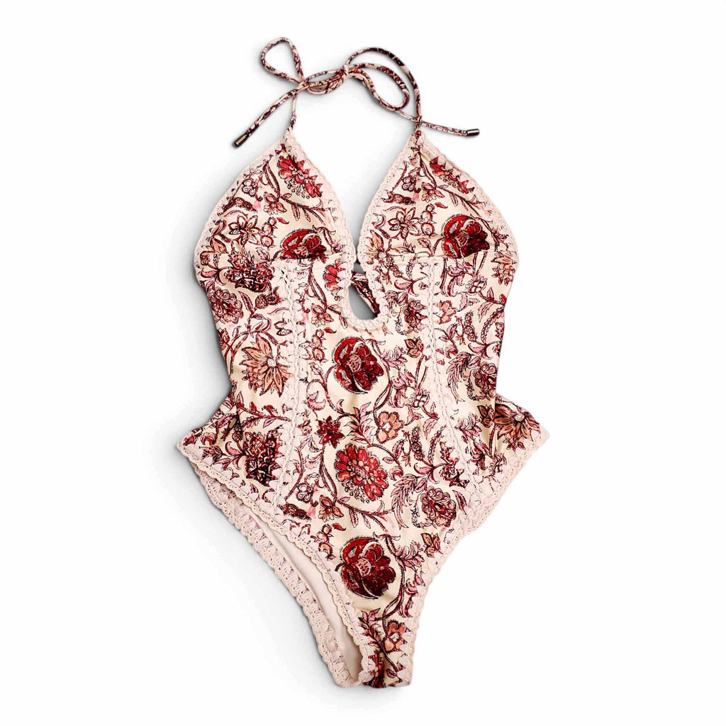 ZIMMERMANN CREAM AND RED 'VITALI KEYHOLE CROCHET' ONE-PIECE SWIMSUIT - SIZE 2 (US 8)
