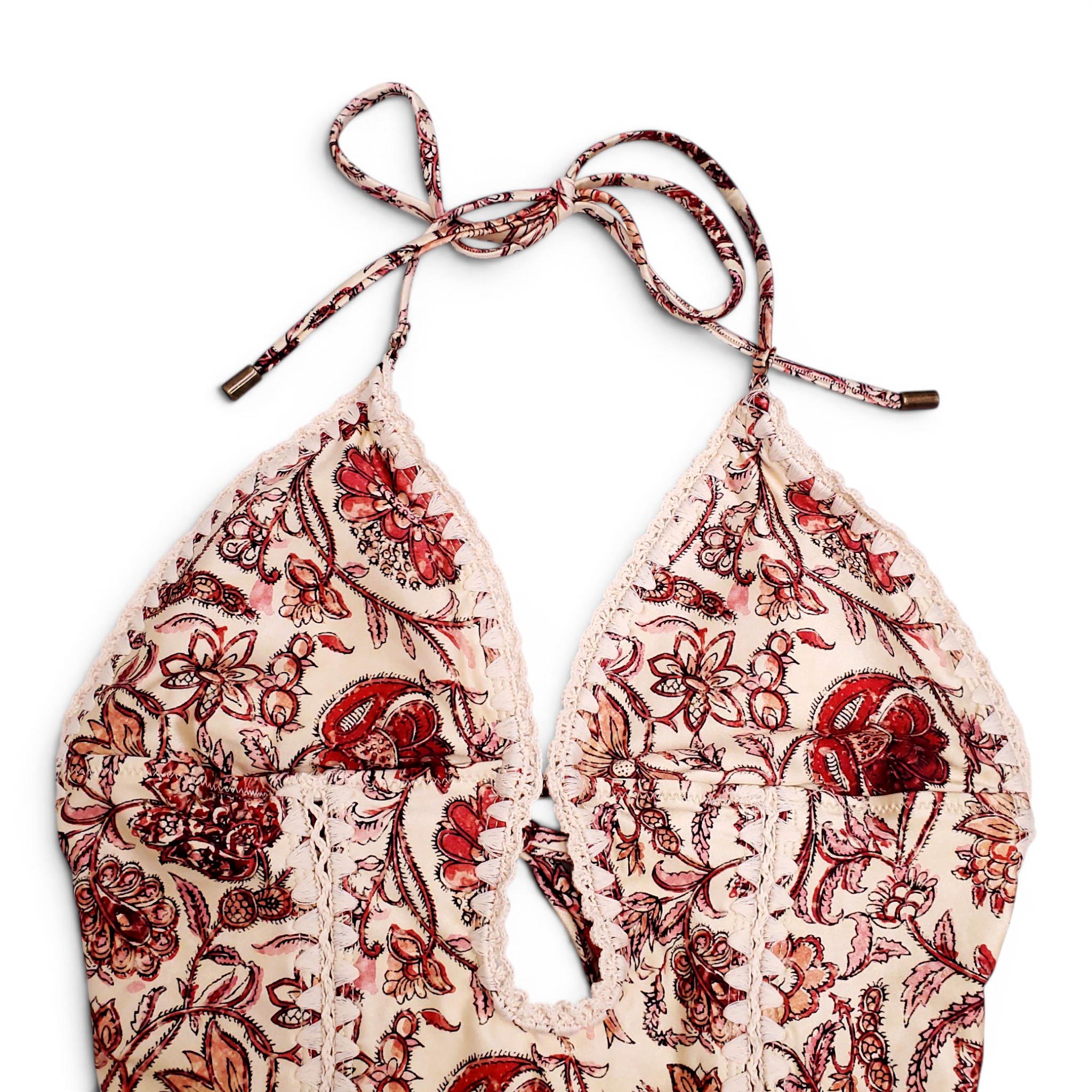 ZIMMERMANN CREAM AND RED 'VITALI KEYHOLE CROCHET' ONE-PIECE SWIMSUIT - SIZE 2 (US 8)