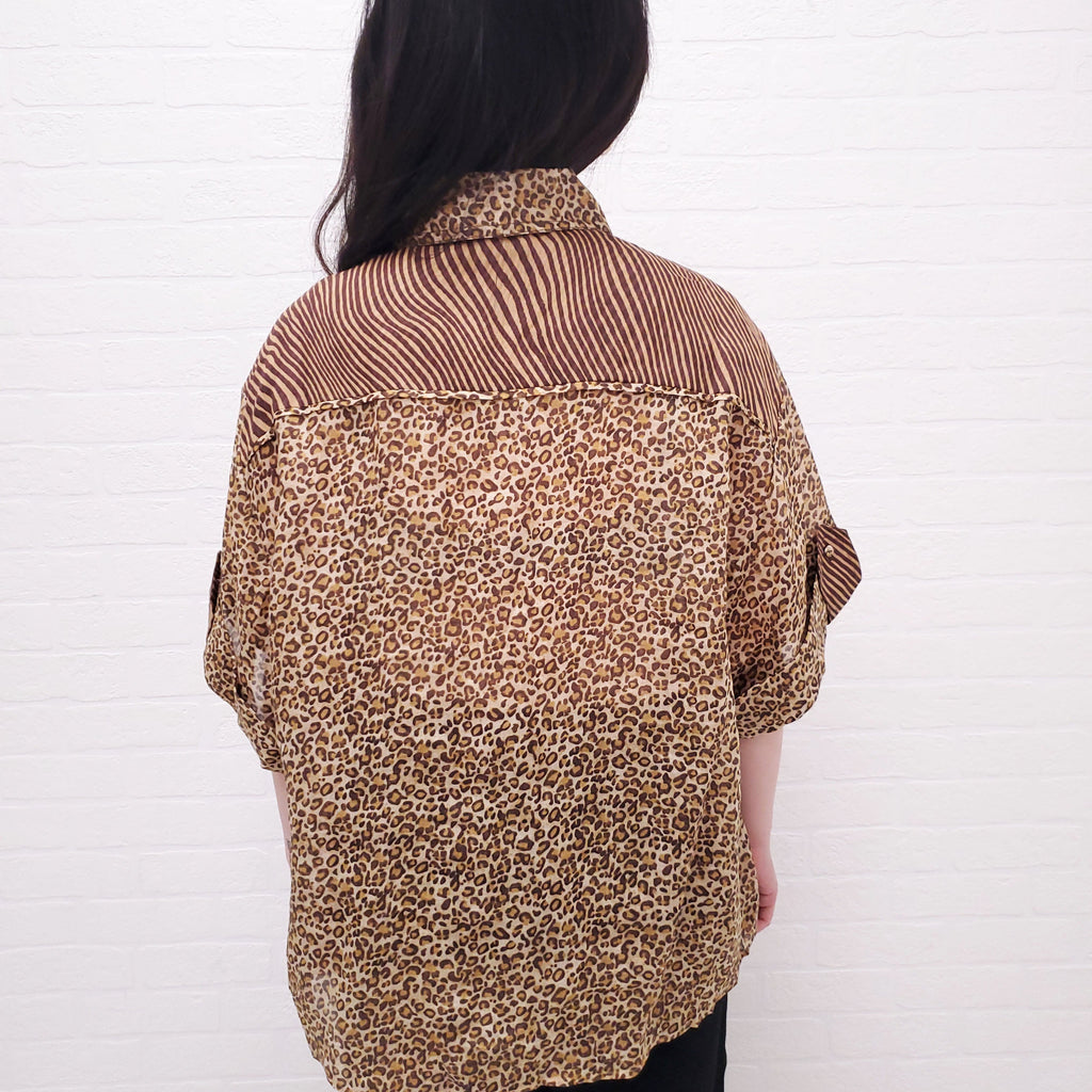 ZIMMERMANN LEOPARD 'SPLICED EMPIRE CUFFED' SHIRT - SIZE 3/L
