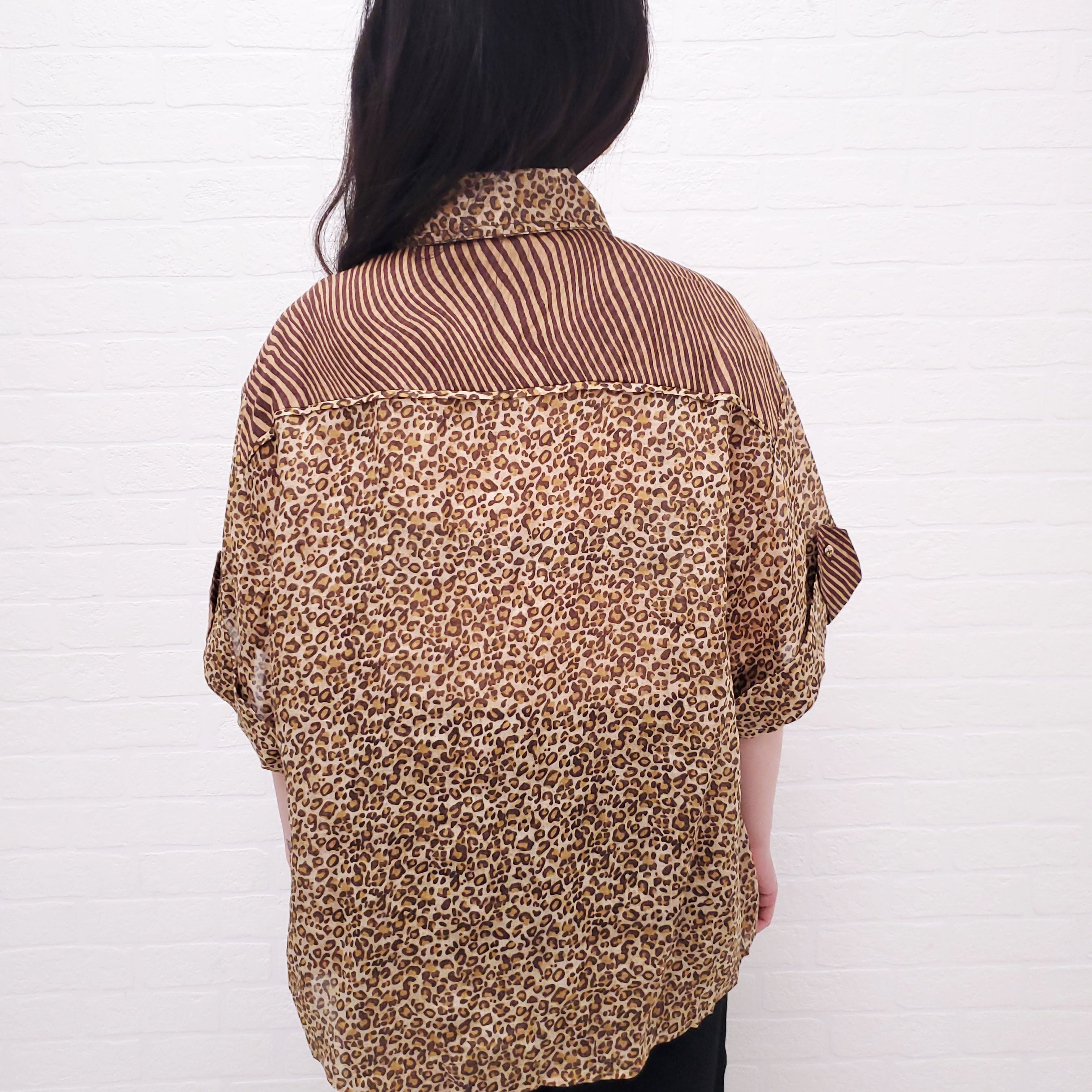 ZIMMERMANN LEOPARD 'SPLICED EMPIRE CUFFED' SHIRT - SIZE 3/L