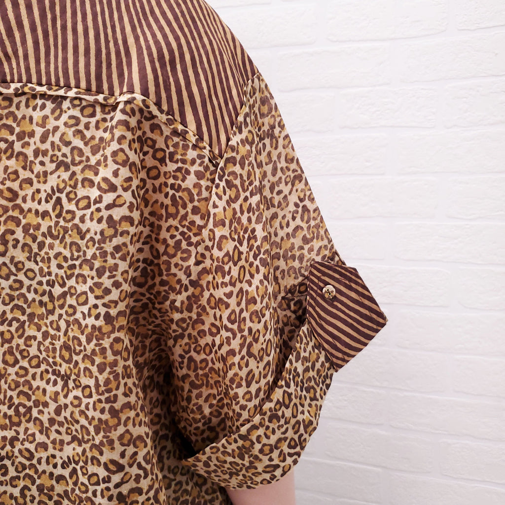 ZIMMERMANN LEOPARD 'SPLICED EMPIRE CUFFED' SHIRT - SIZE 3/L