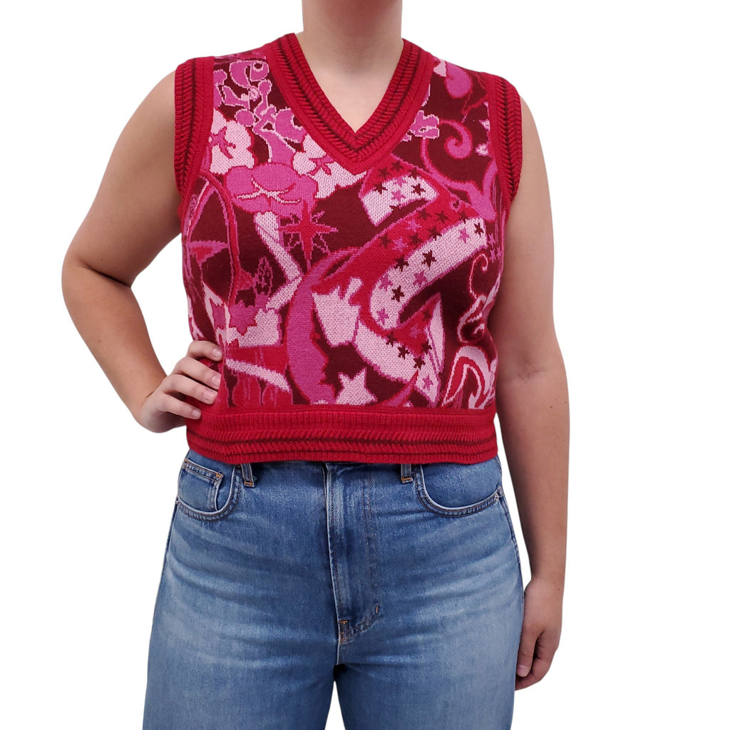 ZIMMERMANN RED AND PINK PATTERNED CROPPED SWEATER VEST - SIZE 3/L
