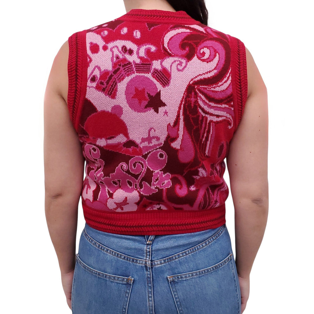 ZIMMERMANN RED AND PINK PATTERNED CROPPED SWEATER VEST - SIZE 3/L