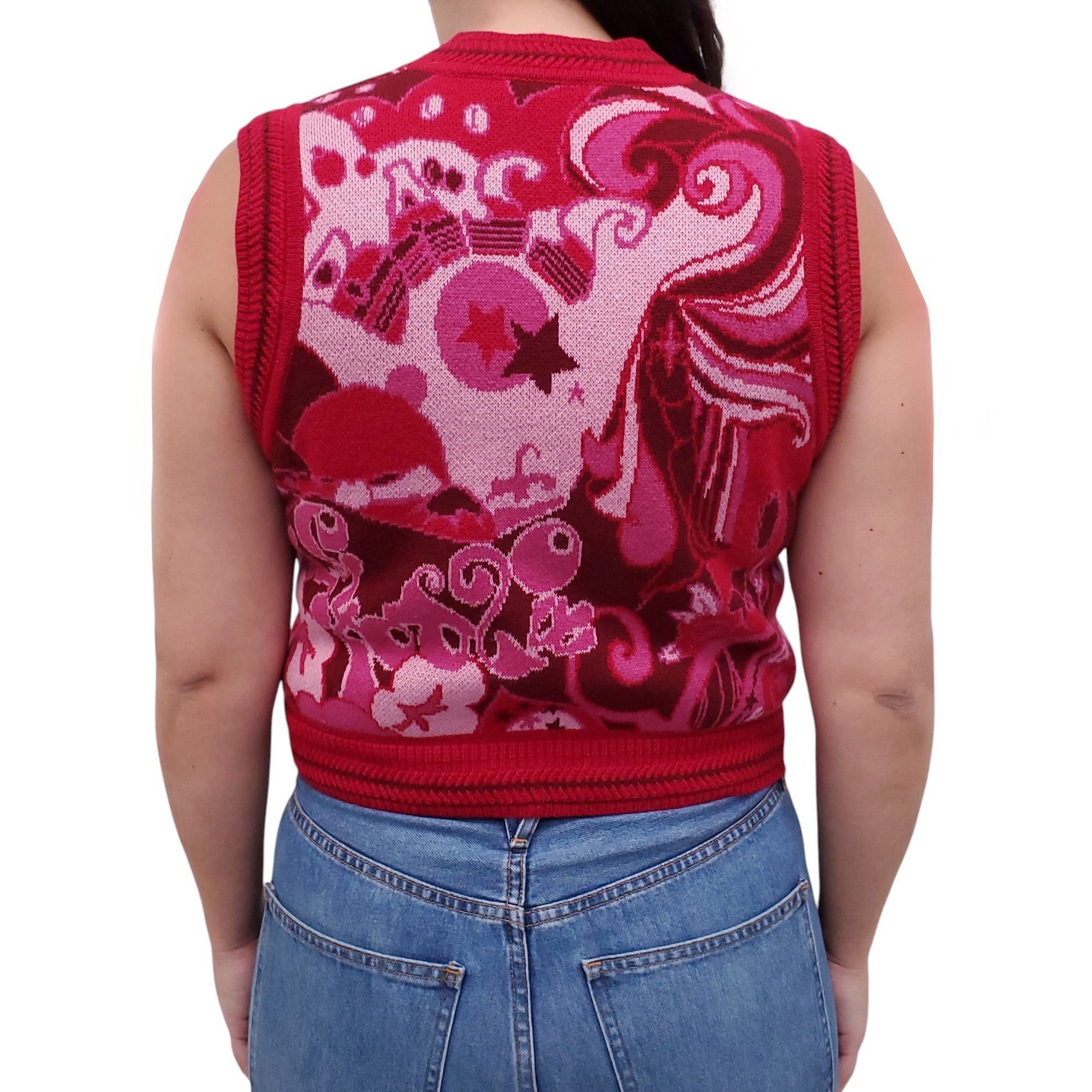 ZIMMERMANN RED AND PINK PATTERNED CROPPED SWEATER VEST - SIZE 3/L