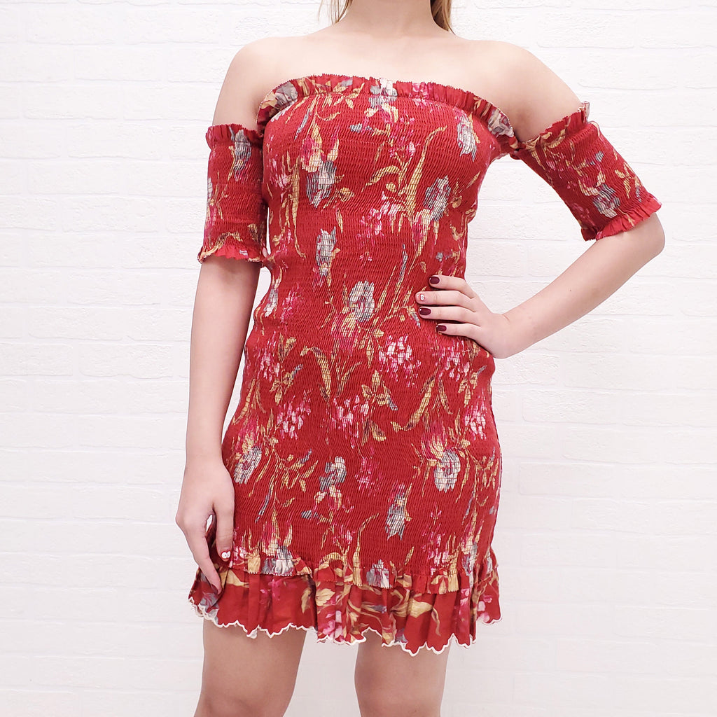 ZIMMERMANN RED FLORAL OFF THE SHOULDER DRESS - SIZE 1/S