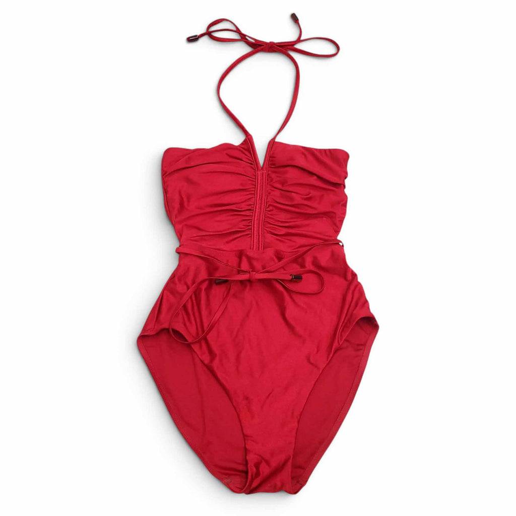 ZIMMERMANN RED 'CLOVER RUCHED HALTER' ONE-PIECE SWIMSUIT - SIZE 0 (US 4)