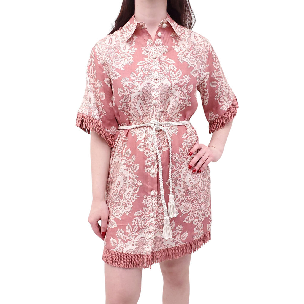 ZIMMERMANN ROSE BAROQUE FLORAL 'PATTIE FRINGED' DRESS WITH TIE BELT - SIZE 0 (US 4)