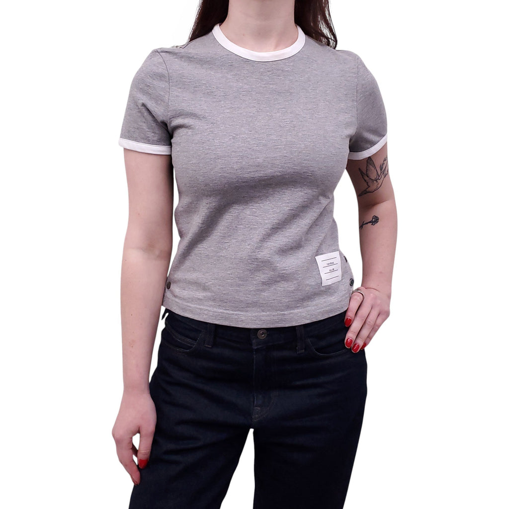 THOM BROWNE GREY LOGO T-SHIRT - SIZE 36