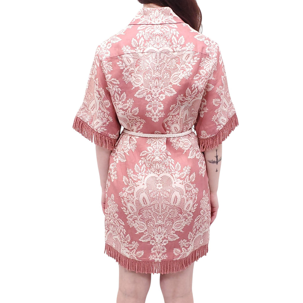 ZIMMERMANN ROSE BAROQUE FLORAL 'PATTIE FRINGED' DRESS WITH TIE BELT - SIZE 0 (US 4)