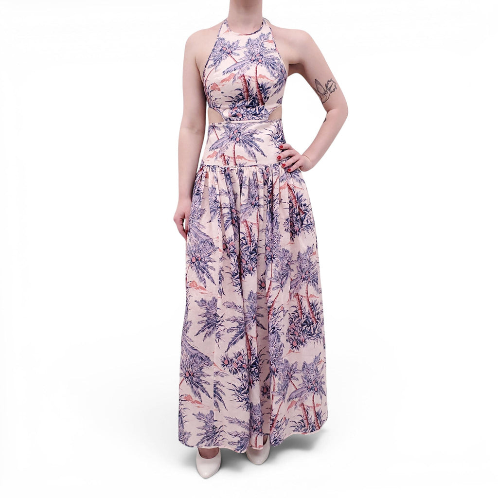 ZIMMERMANN LILAC PALM TREE 'CIRA' HALTER CUTOUT MIDI DRESS - SIZE 0 (US 4)