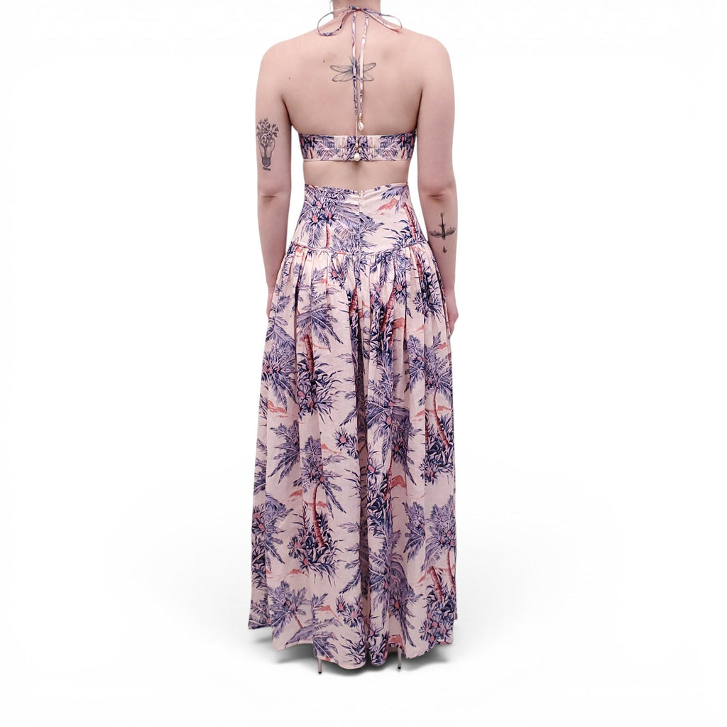 ZIMMERMANN LILAC PALM TREE 'CIRA' HALTER CUTOUT MIDI DRESS - SIZE 0 (US 4)