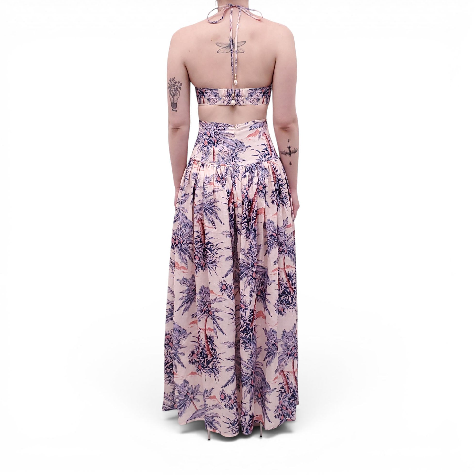 ZIMMERMANN LILAC PALM TREE 'CIRA' HALTER CUTOUT MIDI DRESS - SIZE 0 (US 4)