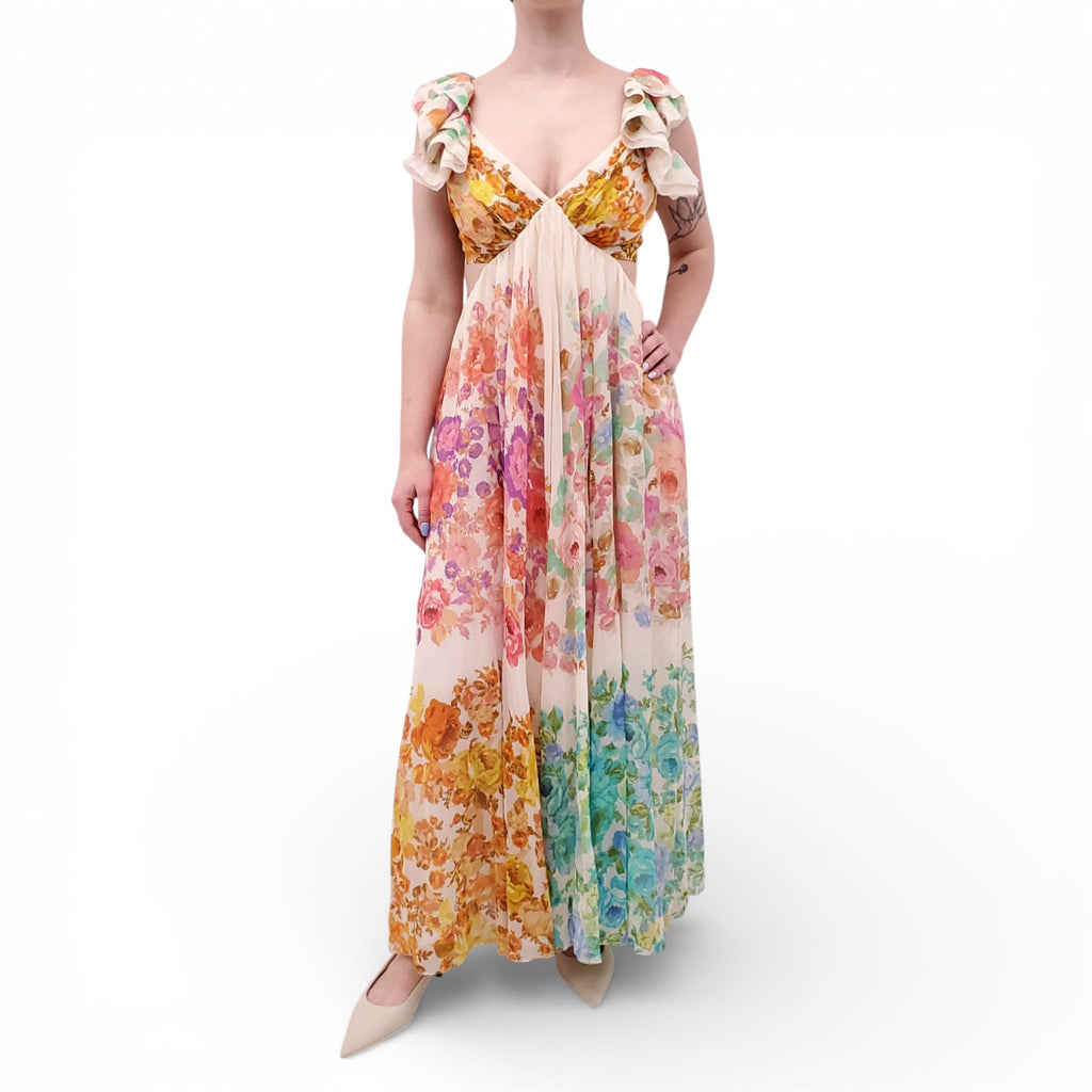 ZIMMERMANN 'RAIE' FRILL SHOULDER MIDI DRESS - SIZE 3 (US 10)