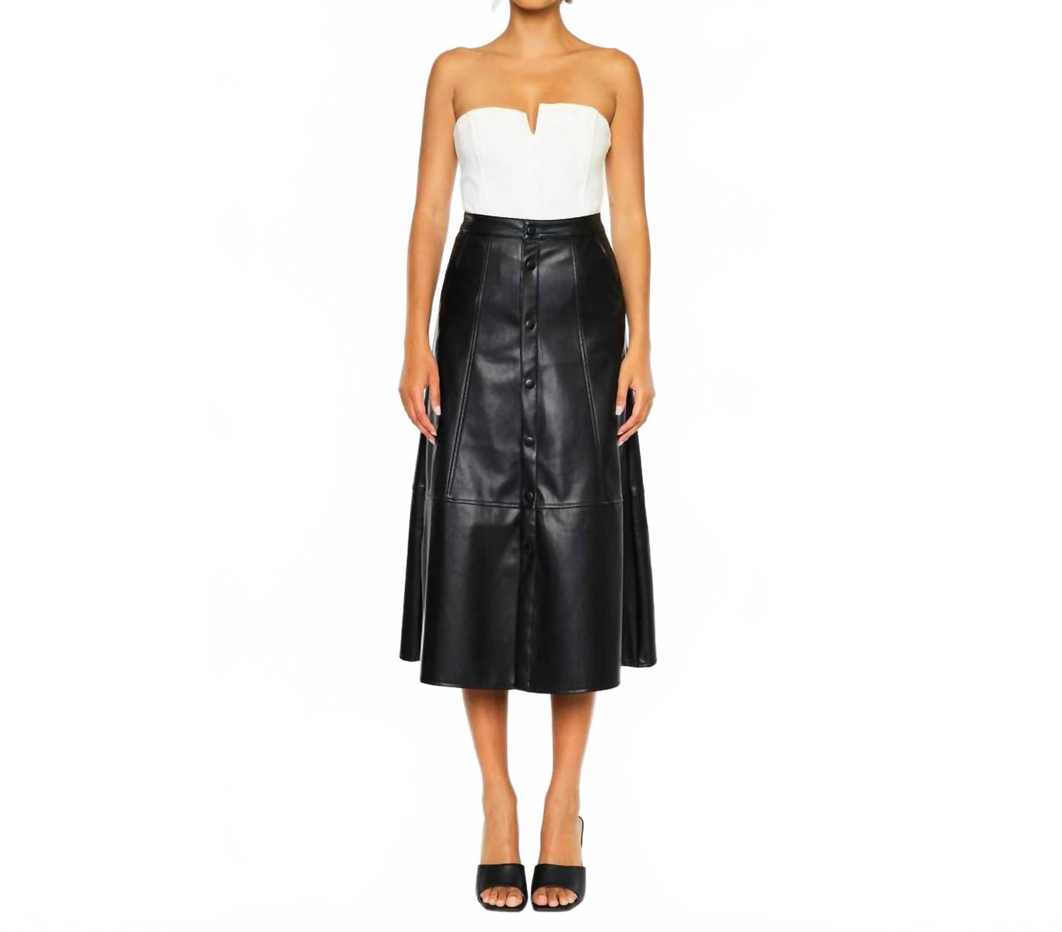 High Rise Leather Midi Skirt In Black