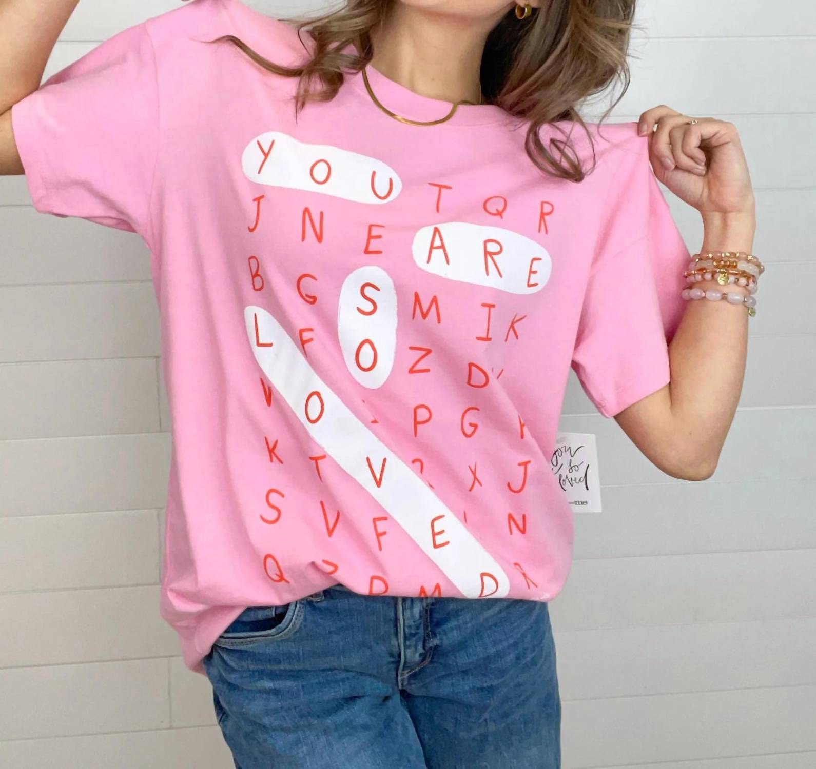 Crossword Puzzle Graphic Short Sleeve Crew Neck Tee In Pink
