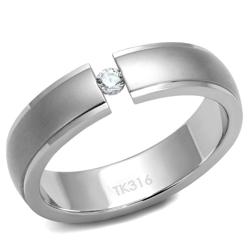 High polished (no plating) Stainless Steel Ring with AAA Grade CZ in Clear
