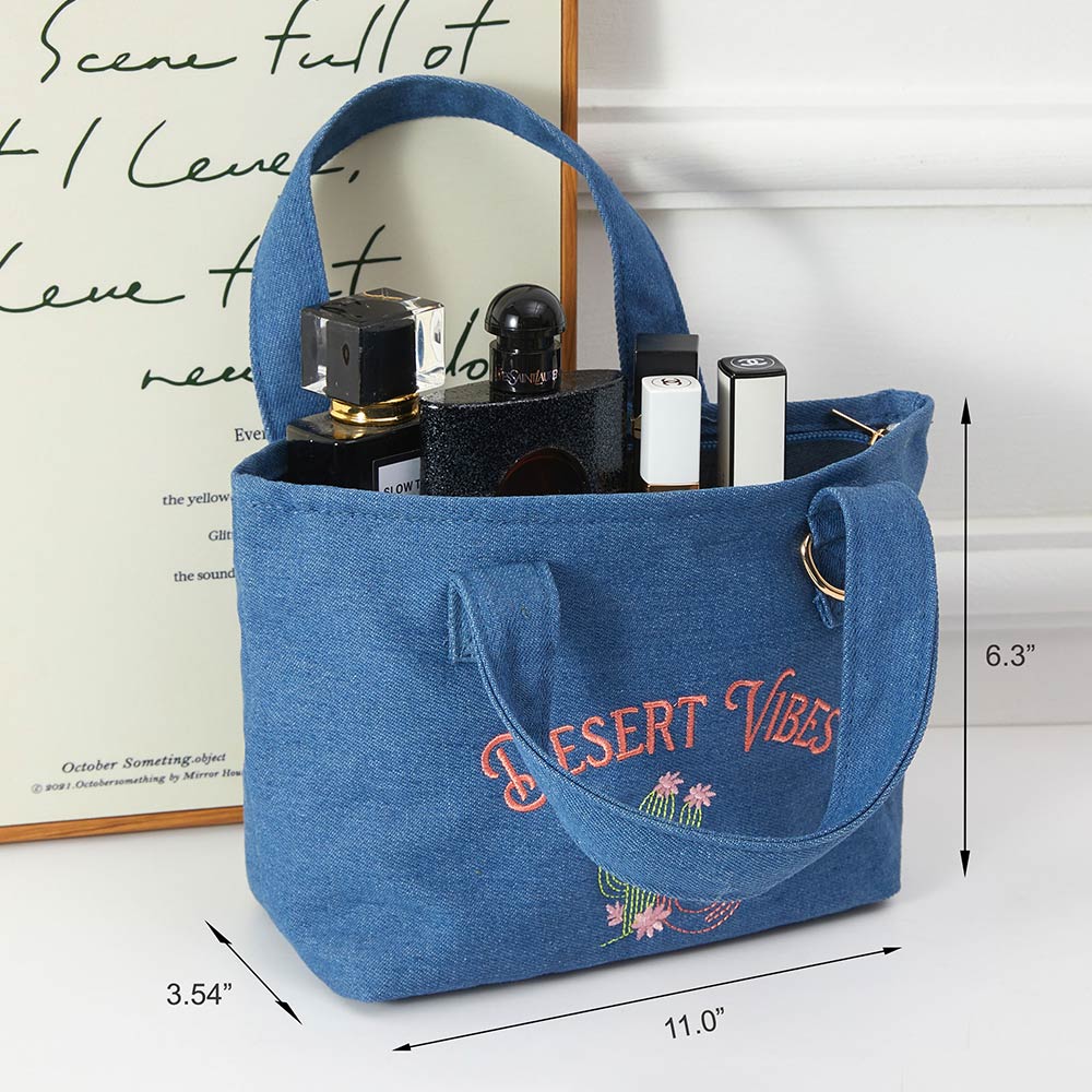 Desert Vibes Cactus Embroidered Small Canvas Tote Bag