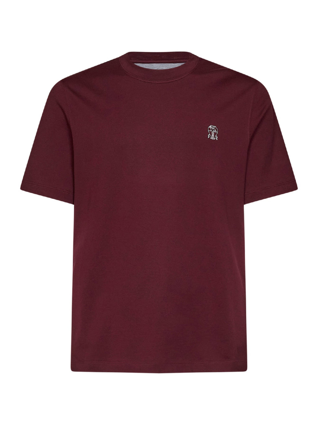 Brunello Cucinelli Men Burgundy Cotton Jersey Logo Crewneck T-Shirt