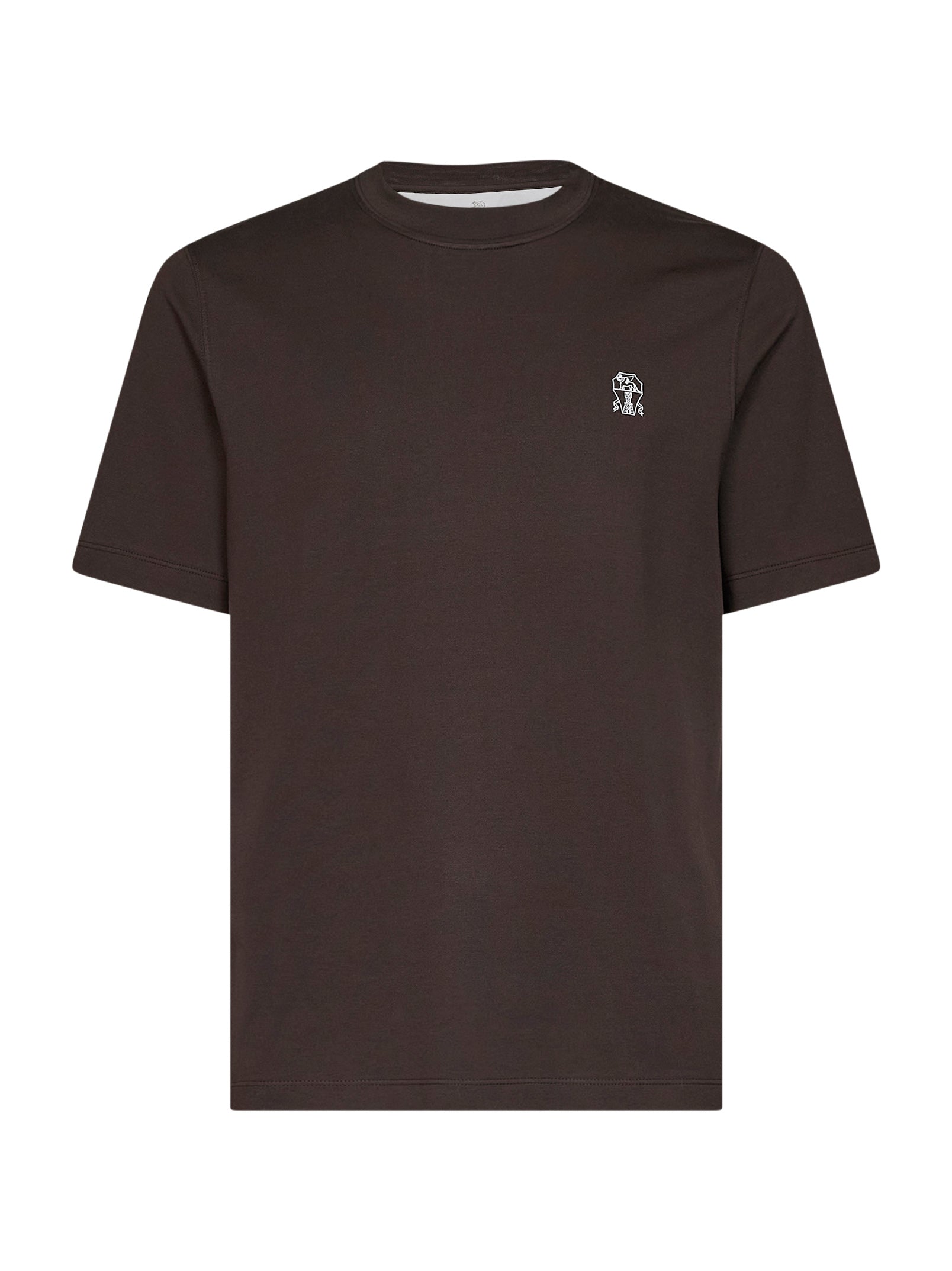 Brunello Cucinelli Men Dark Brown Cotton Jersey Logo Crewneck T-Shirt