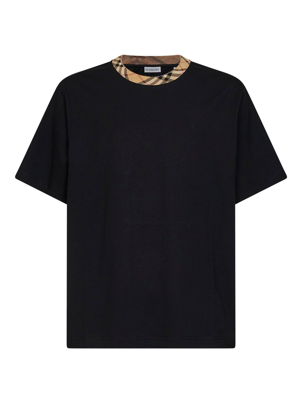 Burberry Men Black Cotton T-Shirt With Check Trim