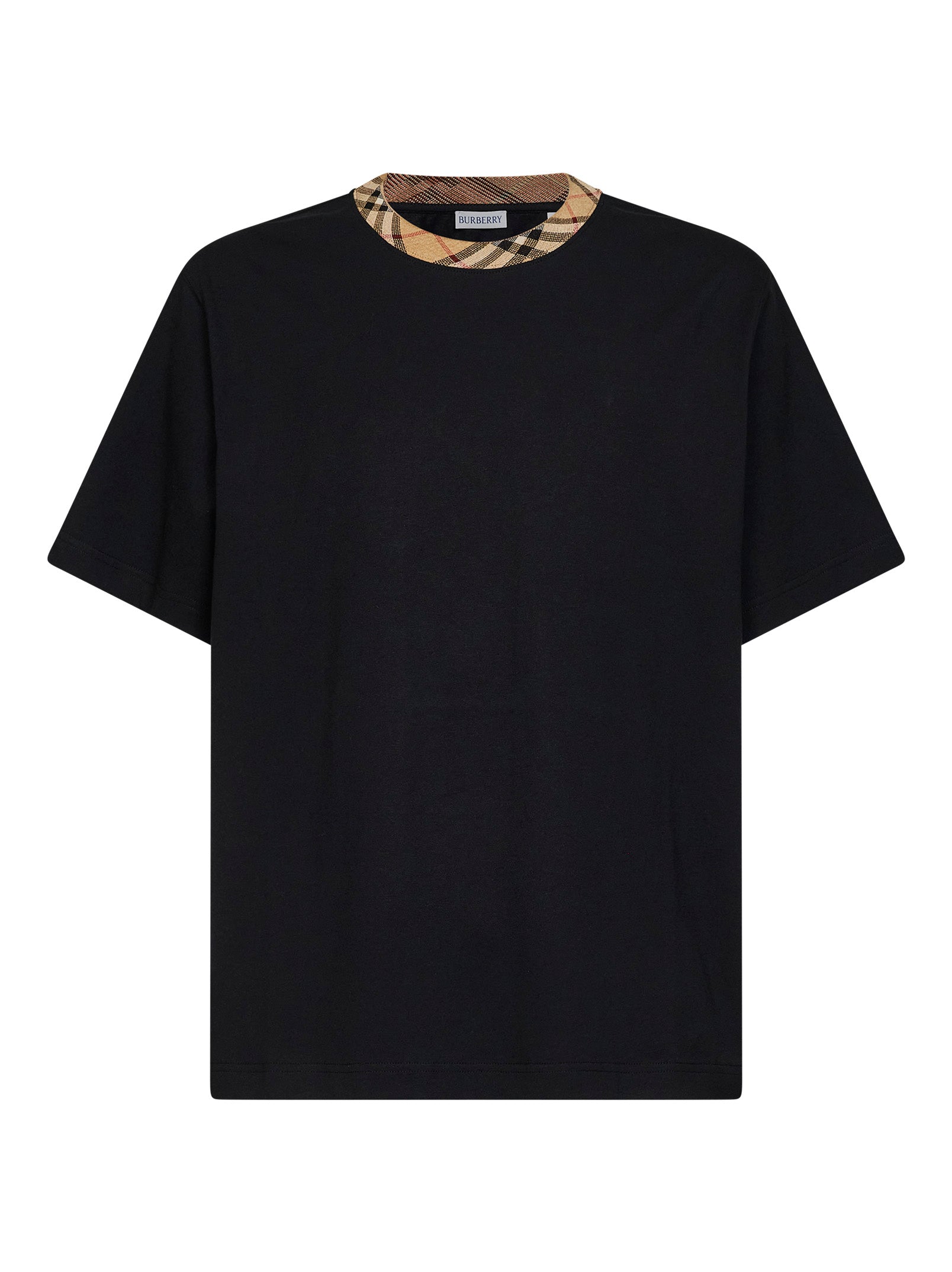 Burberry Men Black Cotton T-Shirt With Check Trim