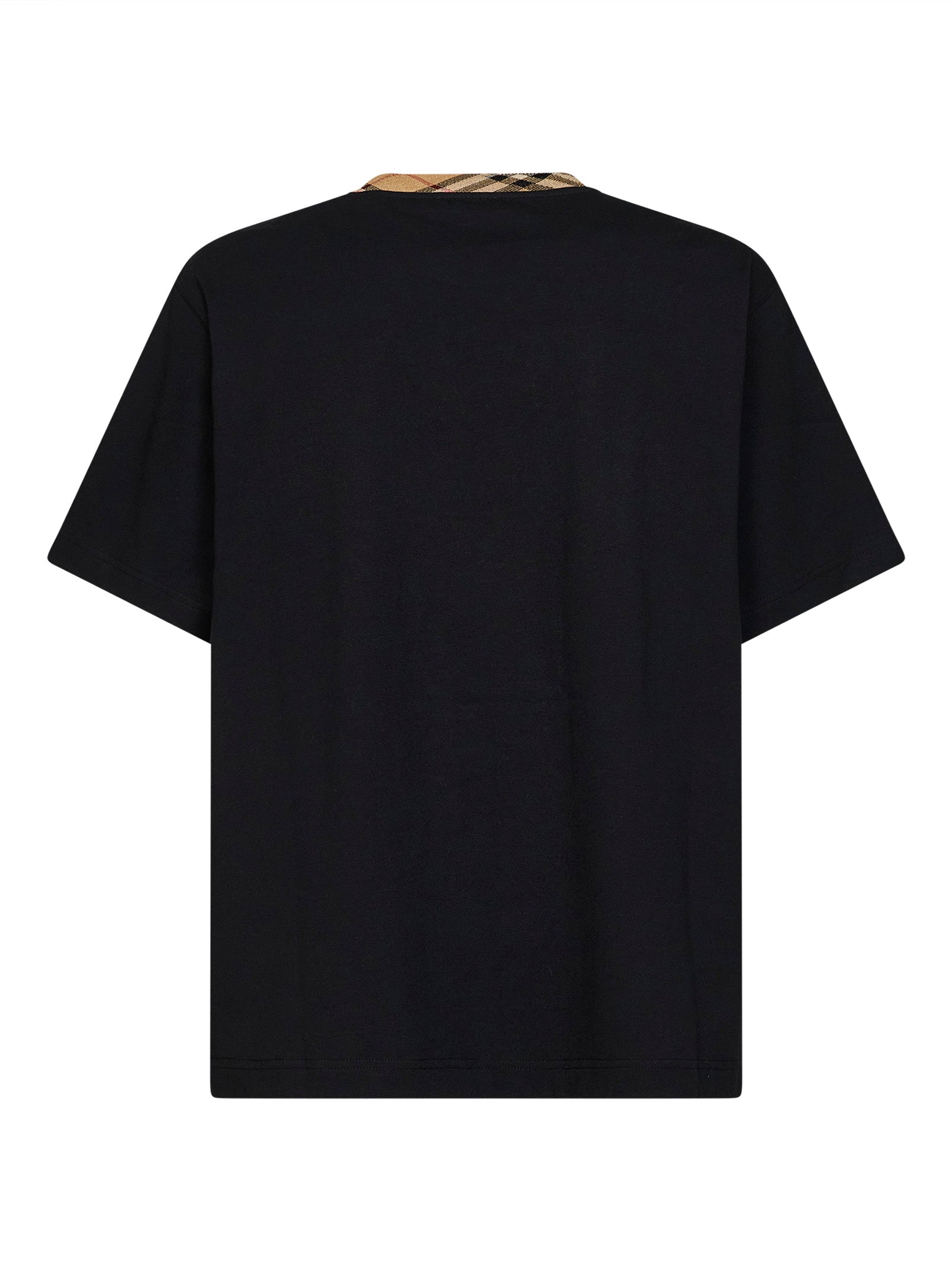 Burberry Men Black Cotton T-Shirt With Check Trim