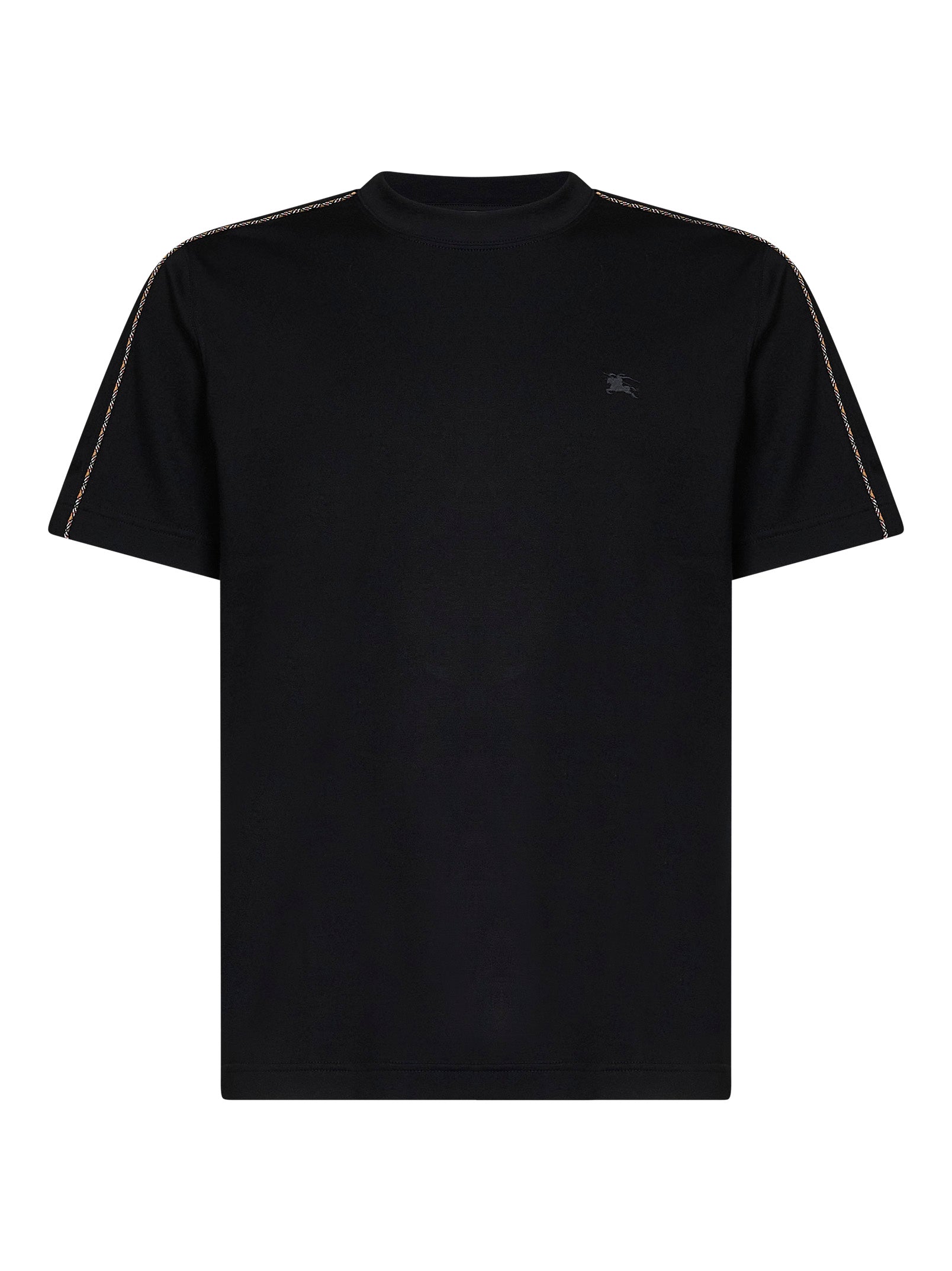 Burberry Men Black Cotton T-Shirt With Check Trims