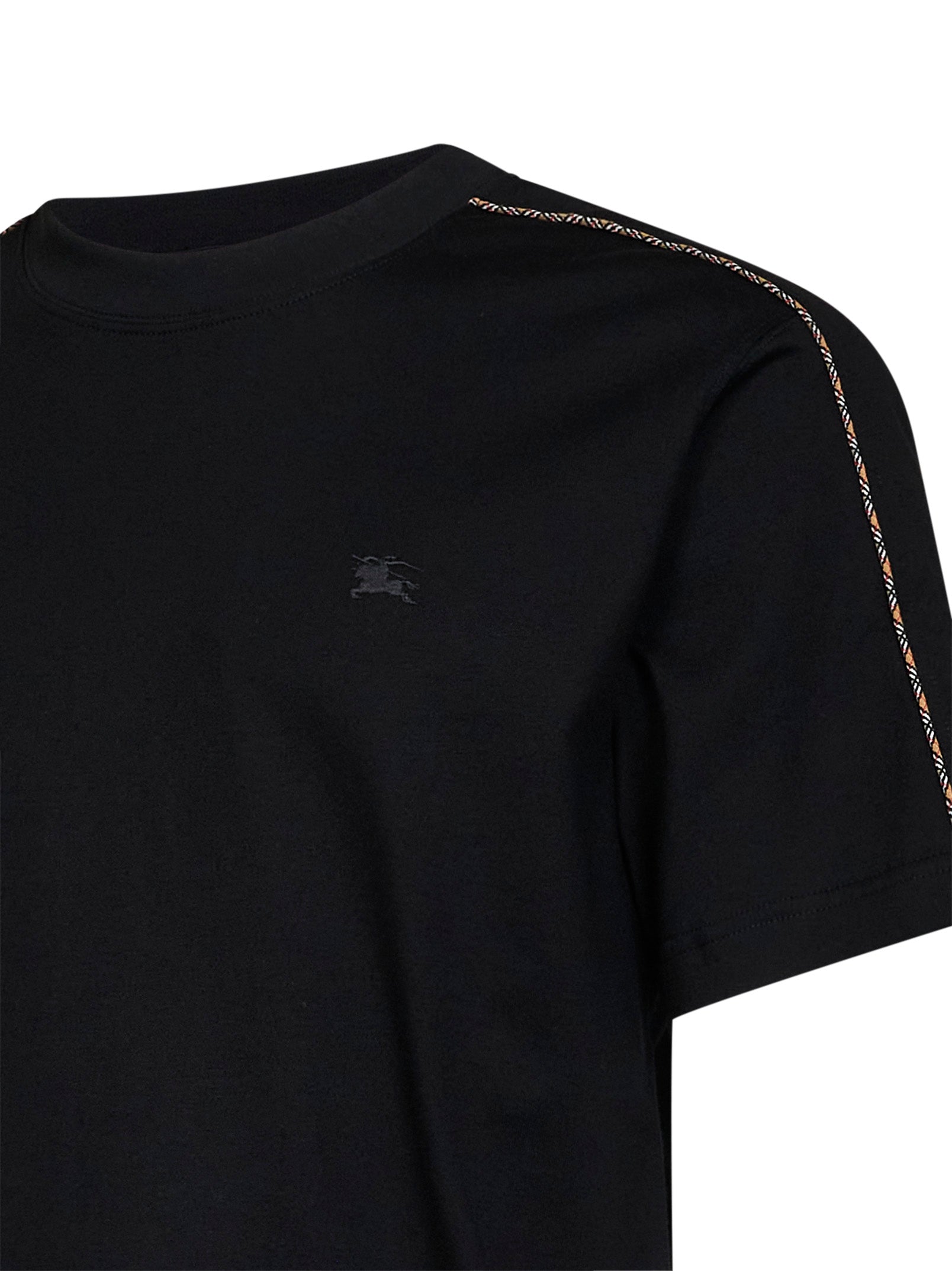 Burberry Men Black Cotton T-Shirt With Check Trims