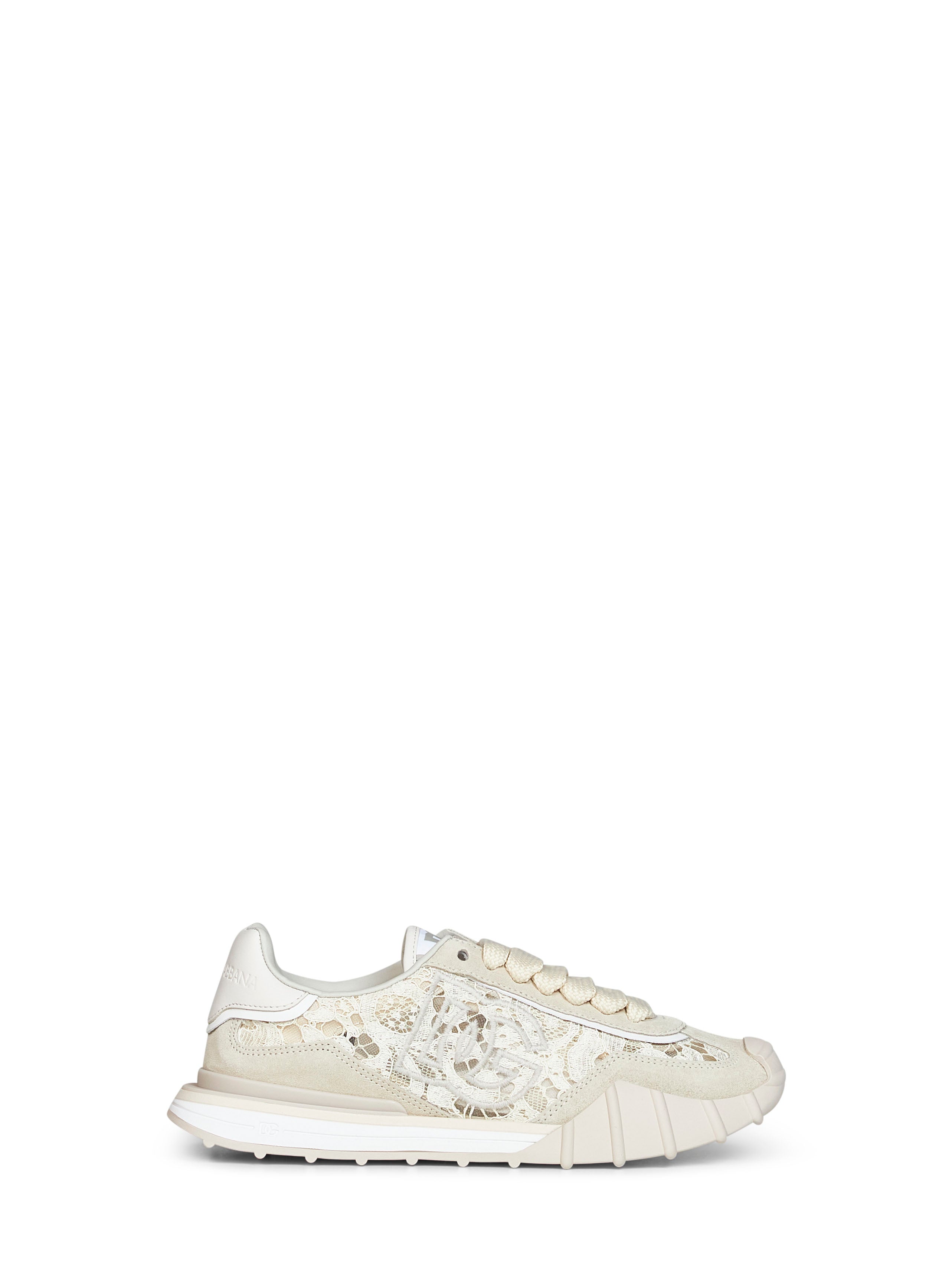 Dolce & Gabbana Women Beige And Chalk Lace And Calf Suede Low-Top Sneakers