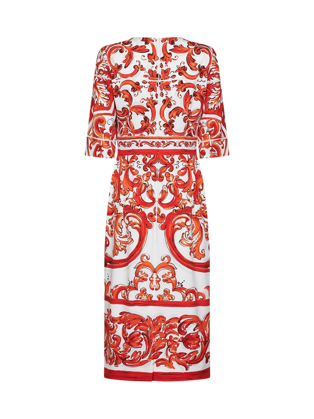 Dolce & Gabbana Women Orange Maiolica-Print Stretch Silk Charmeuse Midi Dress