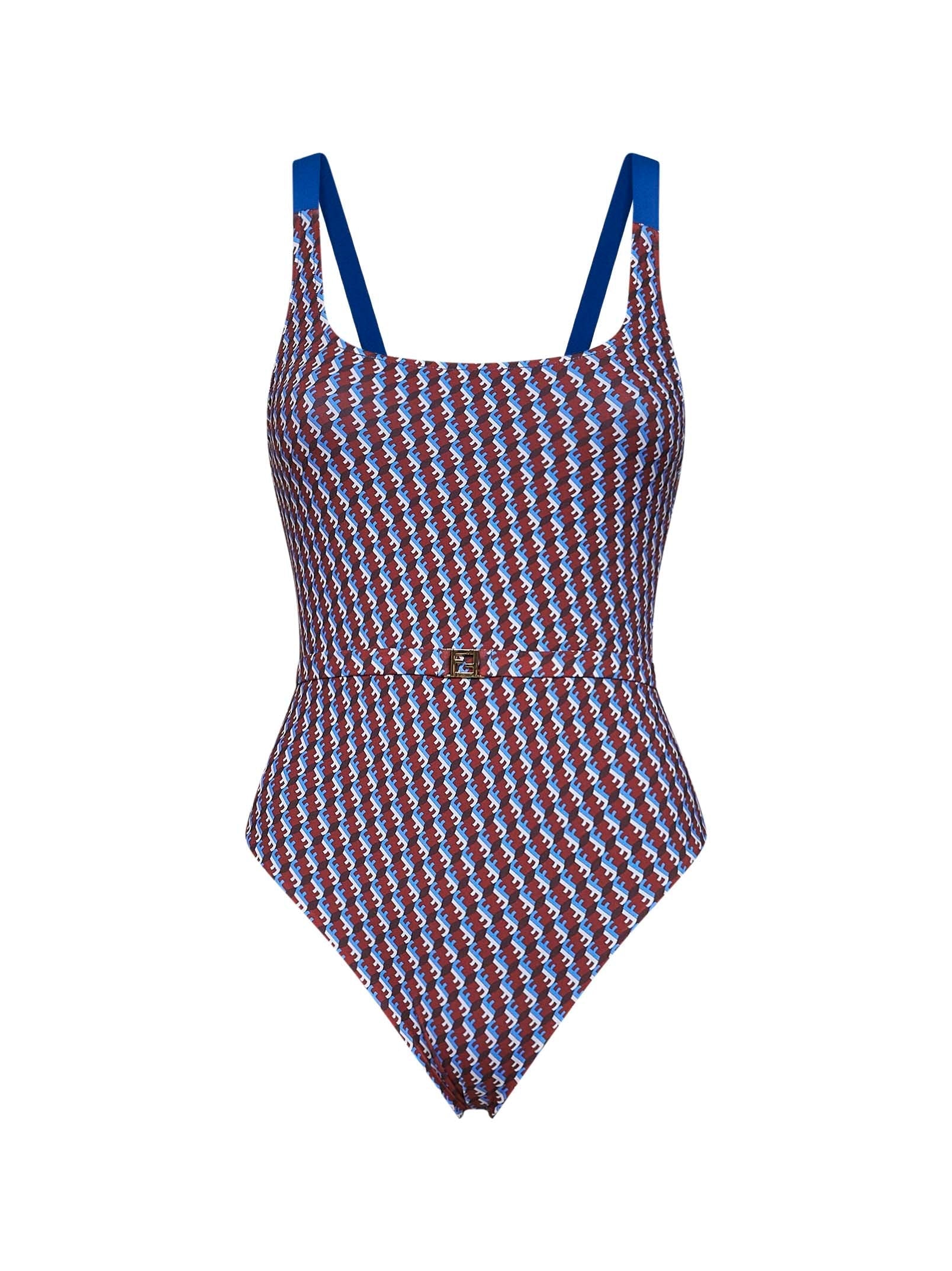 Fendi Women Red And Blue Ff Lycra Belted One-Piece Swimsuit