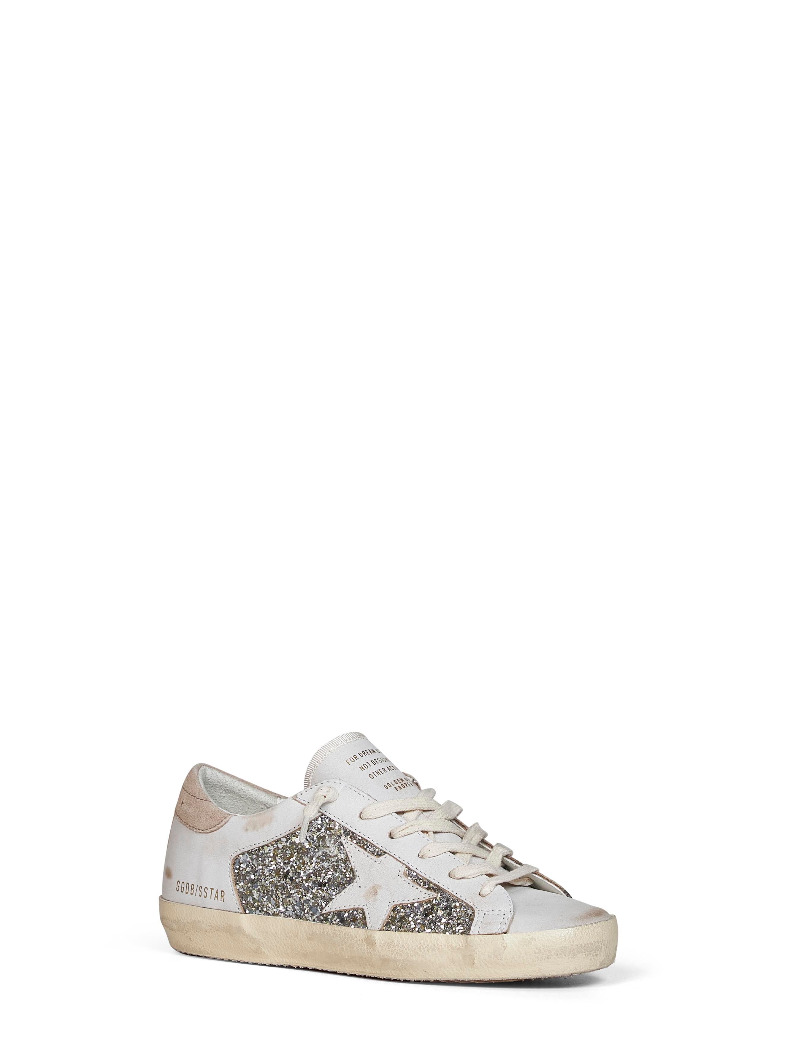 Golden Goose Women White Leather And Platinum Glitter Super-Star Sneakers