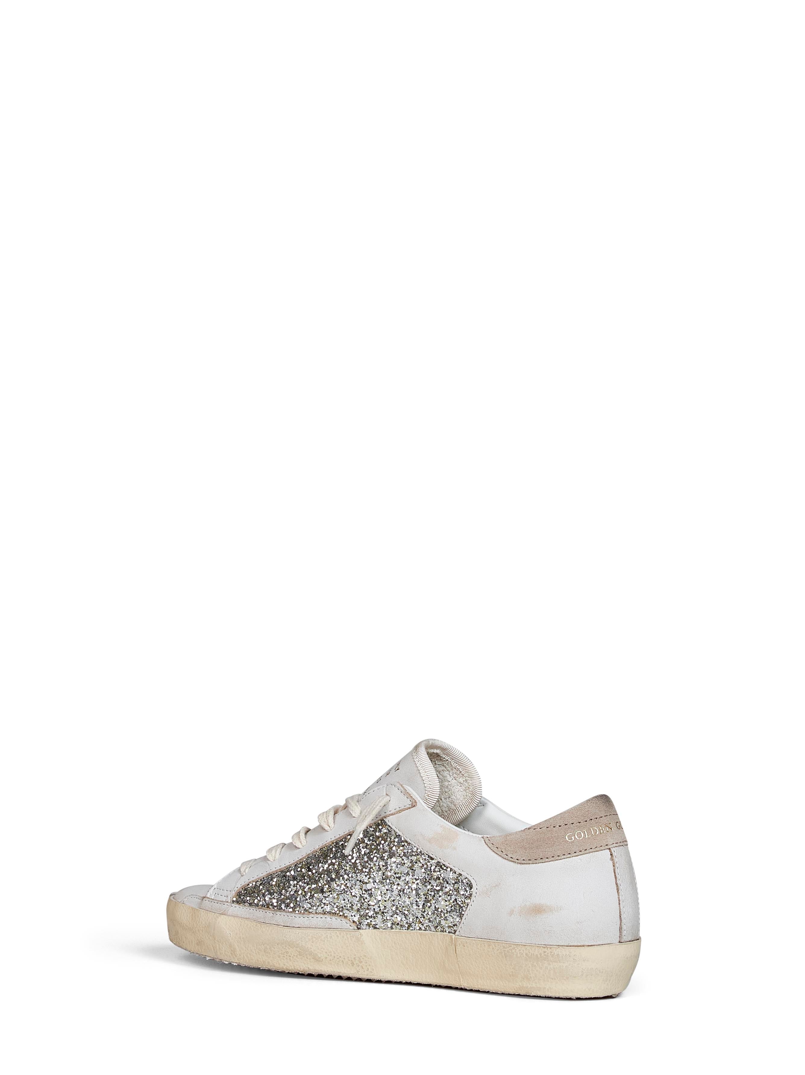 Golden Goose Women White Leather And Platinum Glitter Super-Star Sneakers