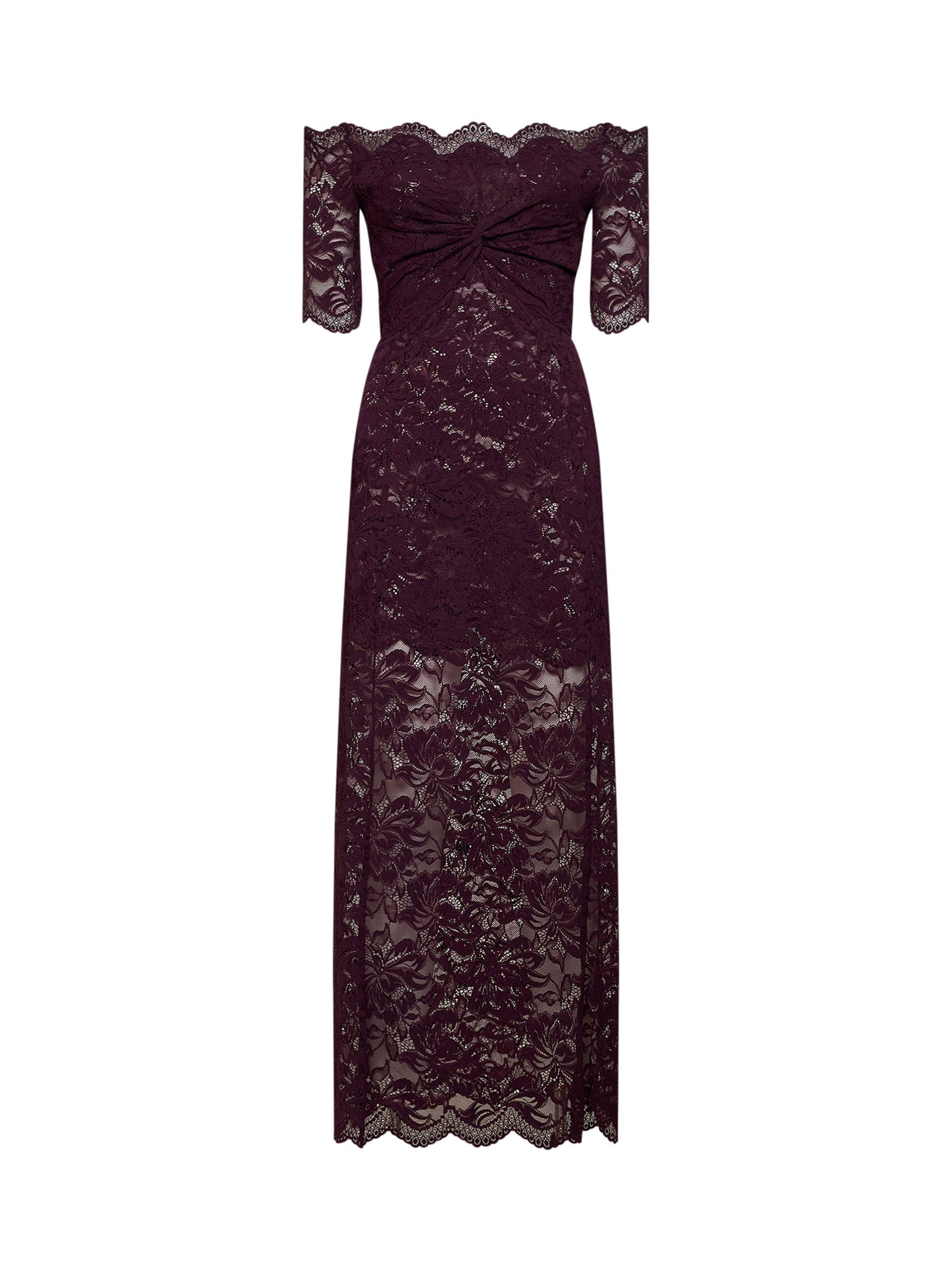 Rabanne Women Magenta Purple Stretch Floral Lace Layered Long Dress