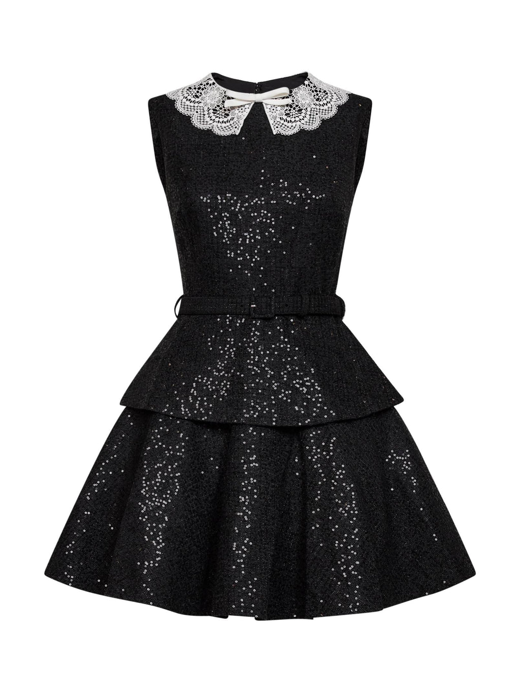 Self Portrait Women Black Sequin Bouclé Belted Peplum Mini Dress